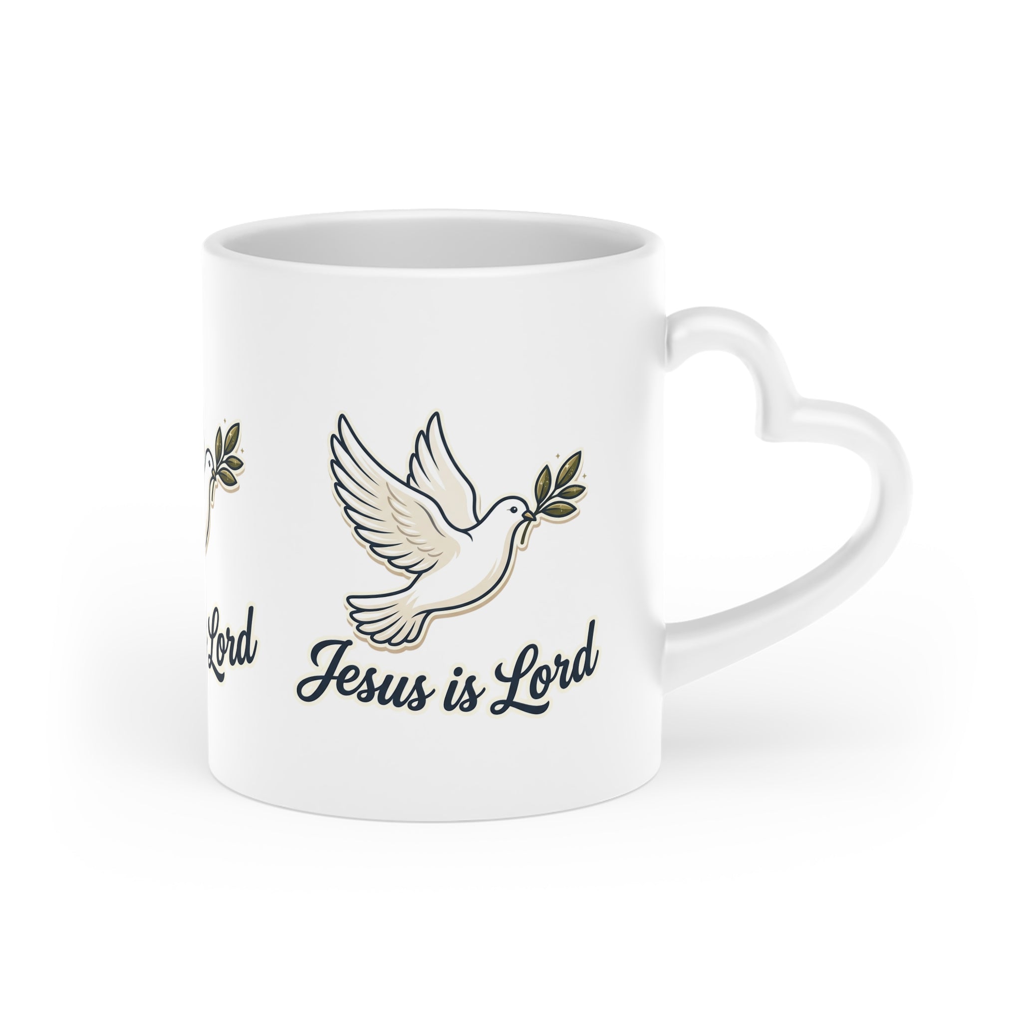 White ceramic heart-shaped handle mug featuring repeating white doves carrying olive branches with the words "Jesus Is Lord" in elegant script.