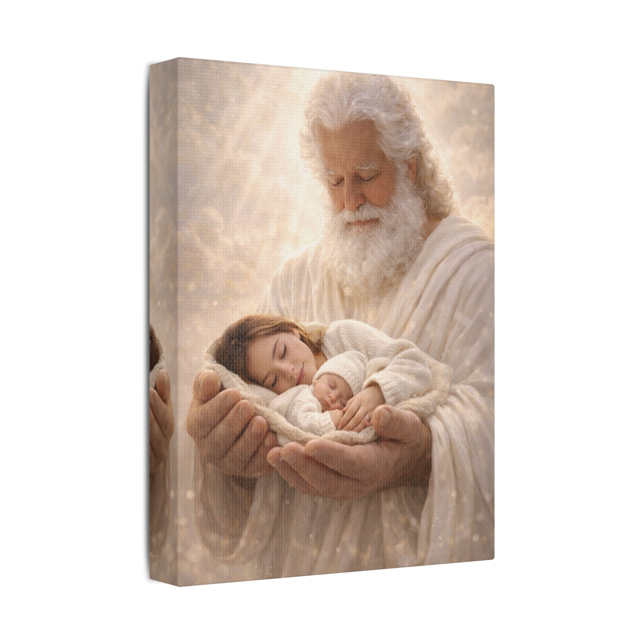 Safely in His Hands Canvas — 'Mom & Baby' Sleeping in God's Embrace Wall Art