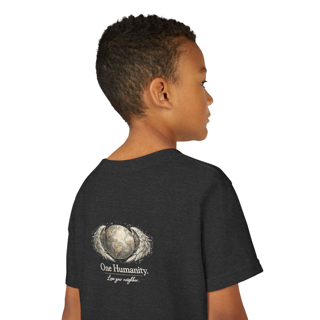 Youth “Quiet Kindness Changes Everything” Tee – Kids Inspirational T-Shirt with Earth & Friends Graphic