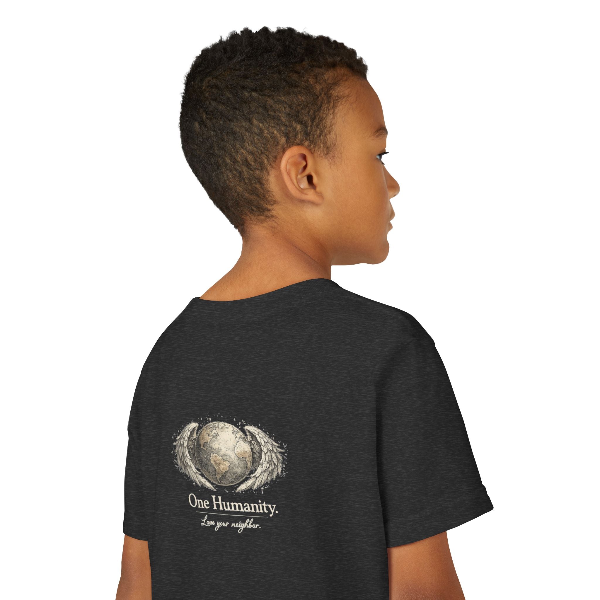 Youth “Quiet Kindness Changes Everything” Tee – Kids Inspirational T-Shirt with Earth & Friends Graphic