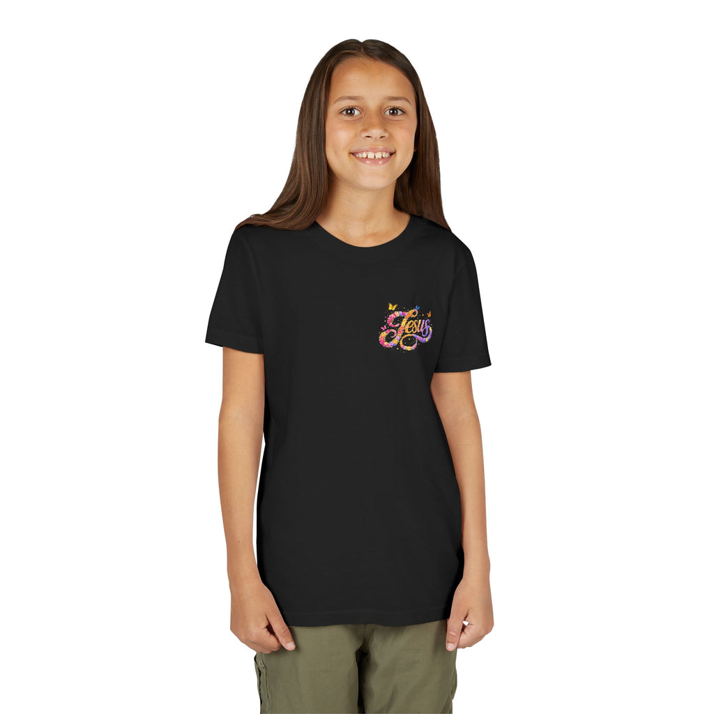 Youth Jesus Floral Script T-Shirt – Butterfly Christian Kids Tee | Faith Youth Shirt