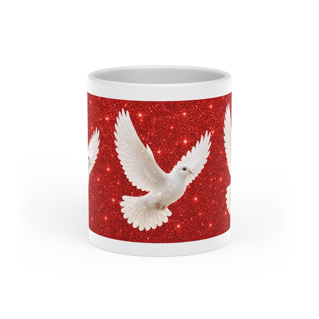 White ceramic heart-shaped handle mug featuring graceful white doves flying across a sparkling red background with vibrant wraparound artwork.
