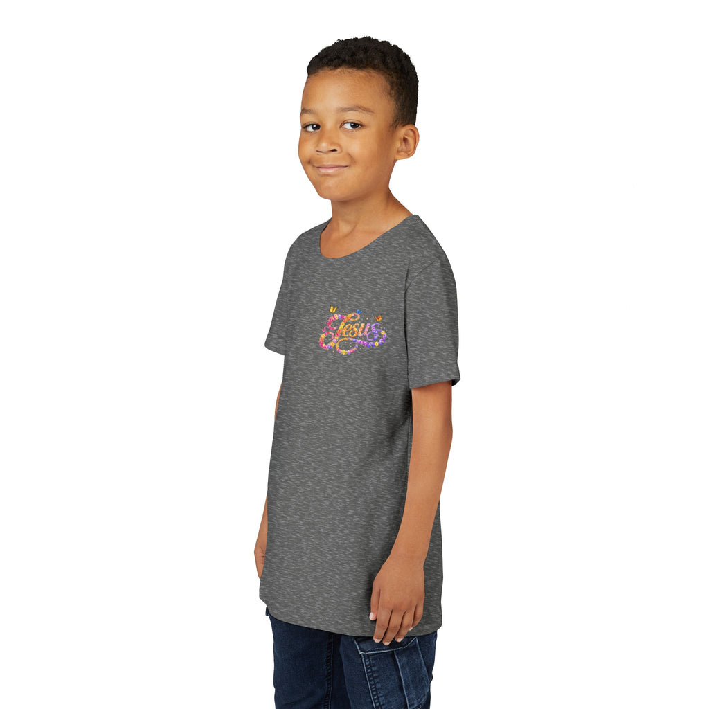 Youth Jesus Floral Script T-Shirt – Butterfly Christian Kids Tee | Faith Youth Shirt