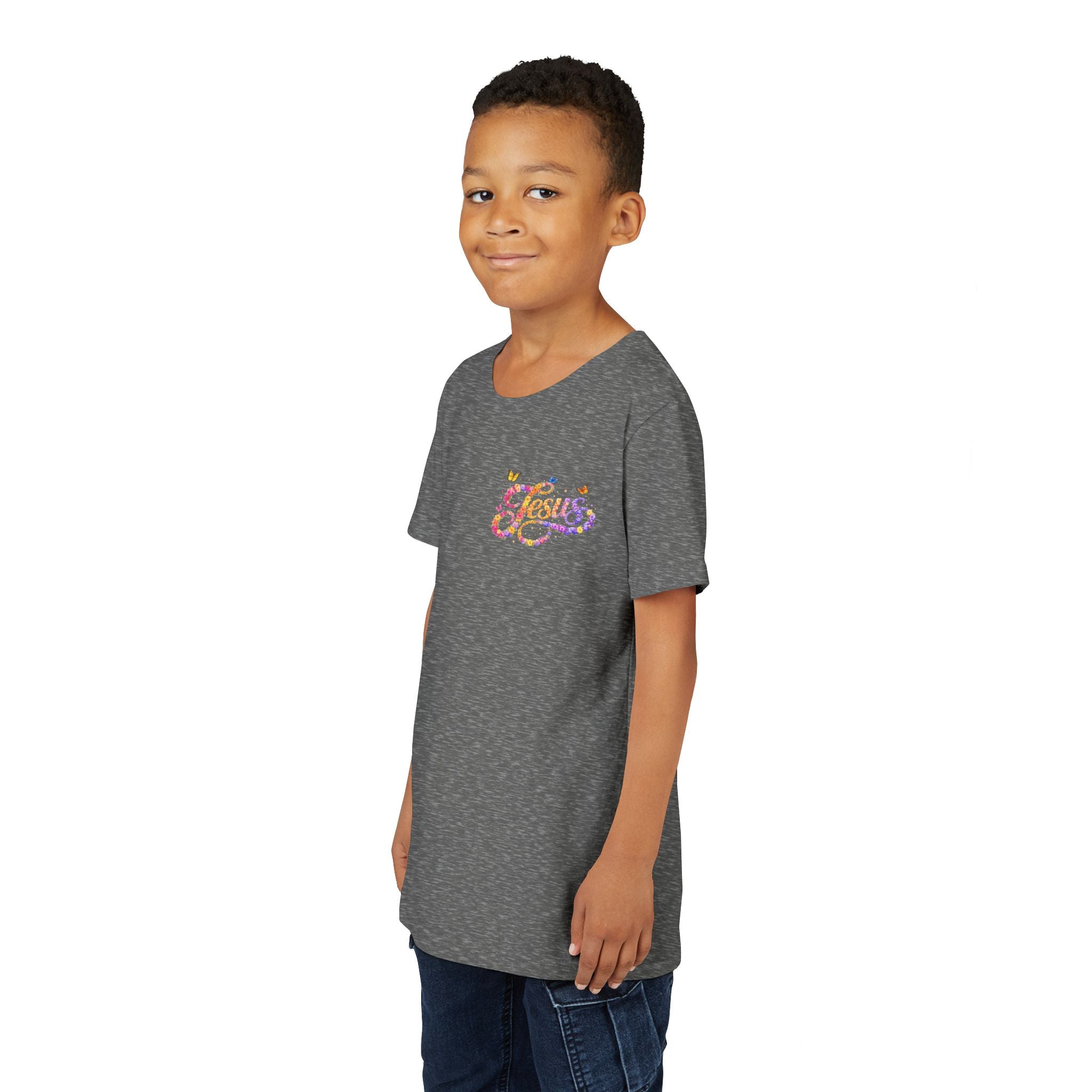 Youth Jesus Floral Script T-Shirt – Butterfly Christian Kids Tee | Faith Youth Shirt