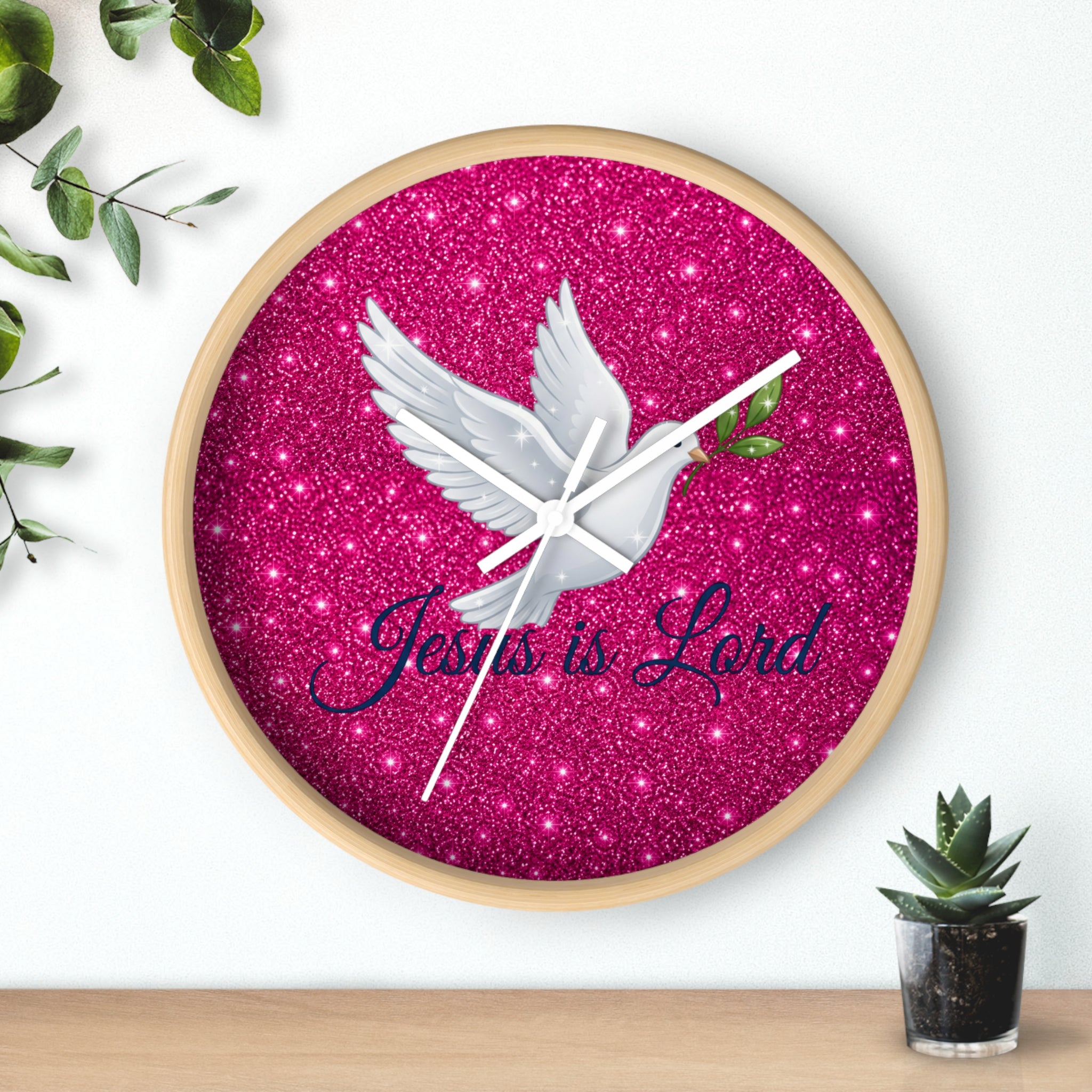Jesus Is Lord Wall Clock | Pink Glitter Dove Christian Wall Decor | Silent Faith Clock