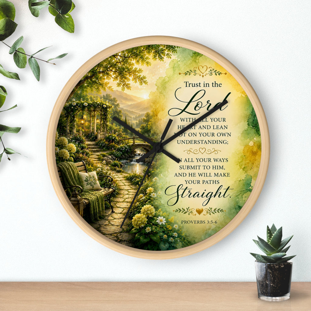 Inspirational Christian wall clock featuring a peaceful garden pathway at sunrise with Proverbs 3:5-6 scripture about trusting in the Lord.