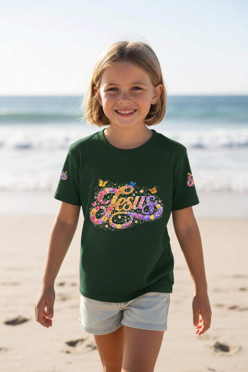 Youth Jesus Floral Butterfly T-Shirt – Christian Kids Faith Tee | Gratitude Sneaker Style Shirt