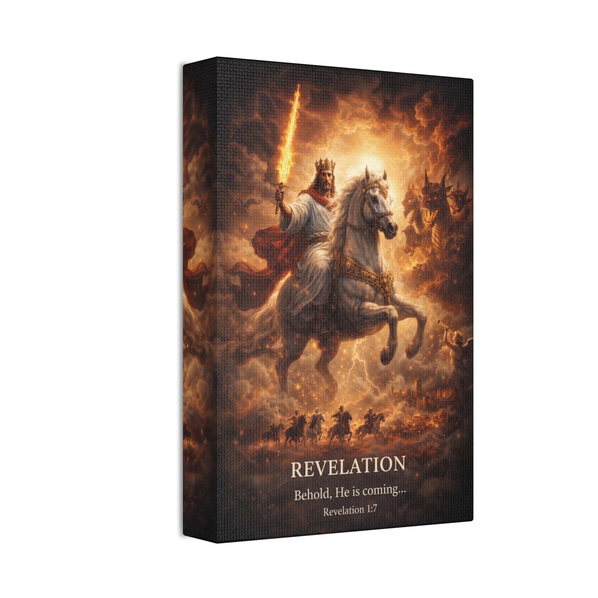 Revelation Canvas Art – “Behold, He Is Coming” Biblical Horseman Wall Decor | Christian Scripture Canvas