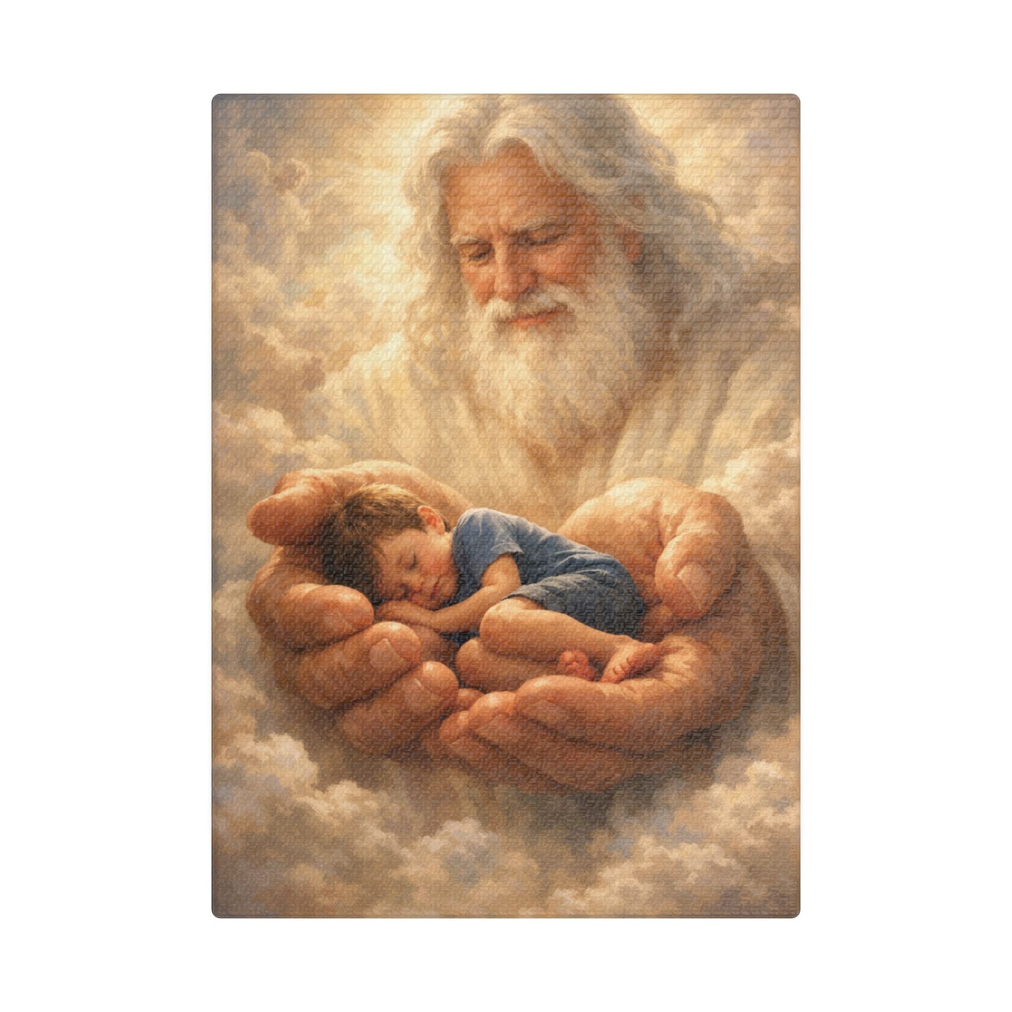 Safely in His Hands Canvas — Sleeping 'lil' Boy' in God's Embrace Wall Art