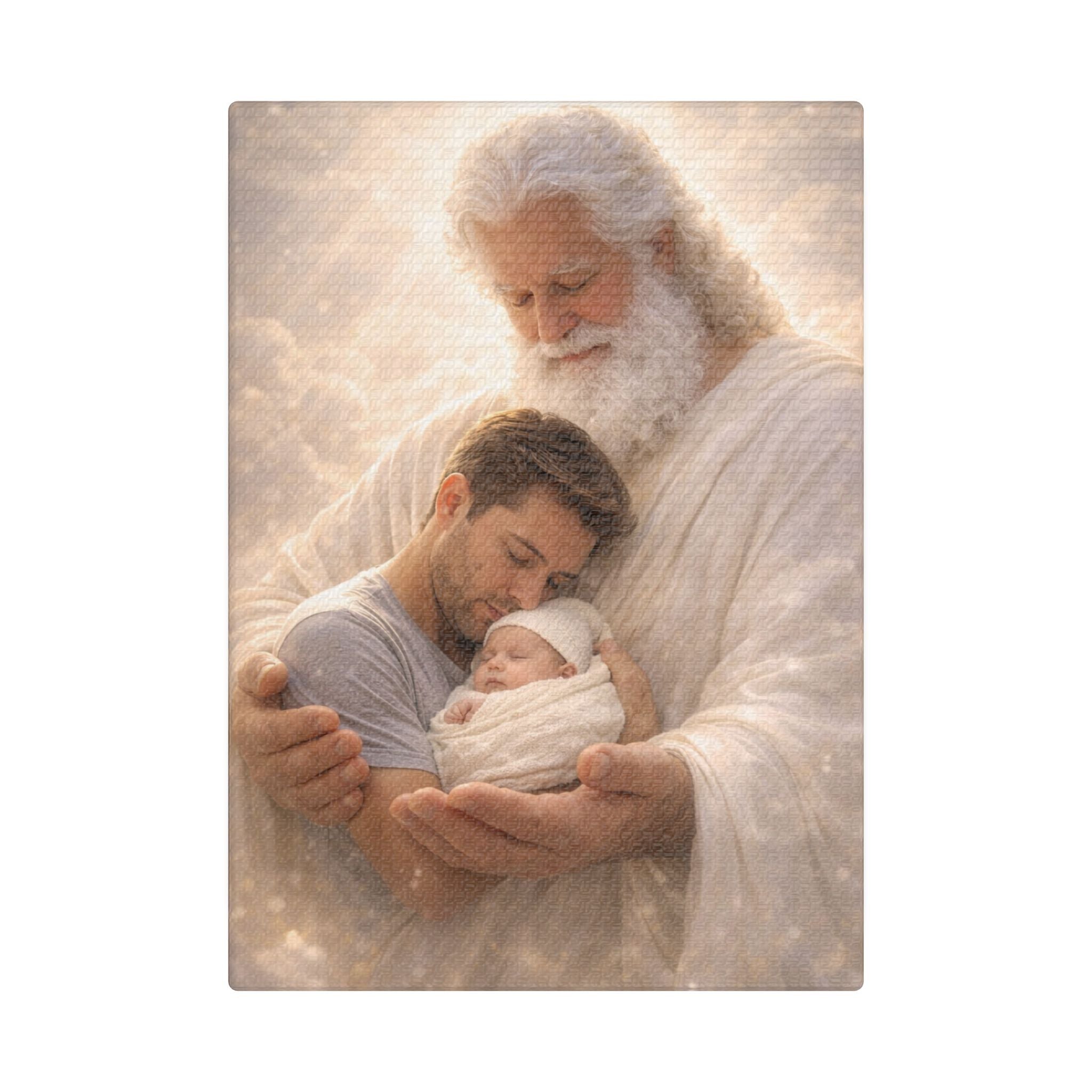 Safely in His Hands Canvas — 'Dad & Baby' Sleeping in God's Embrace Wall Art