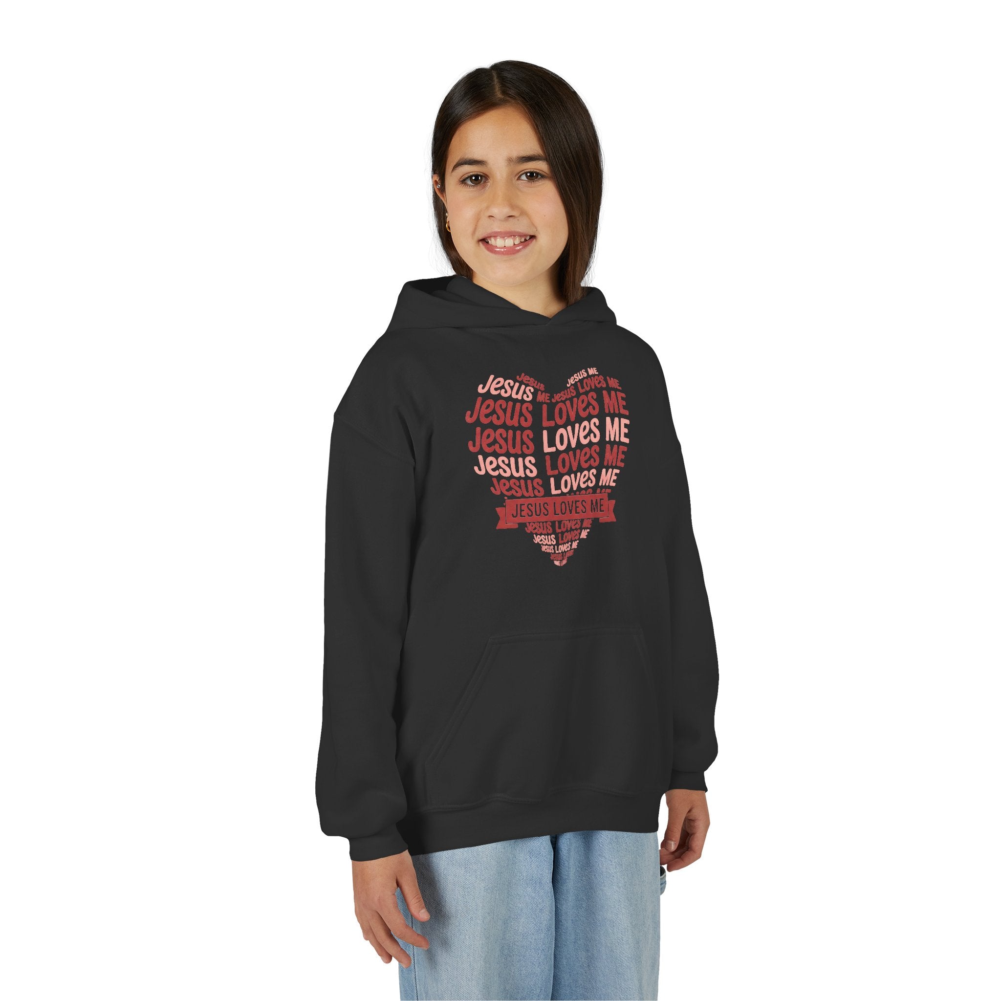 Jesus Loves Me Youth Hoodie – Heart Word Cloud Christian Kids Sweatshirt | Faith Inspired Kids Apparel