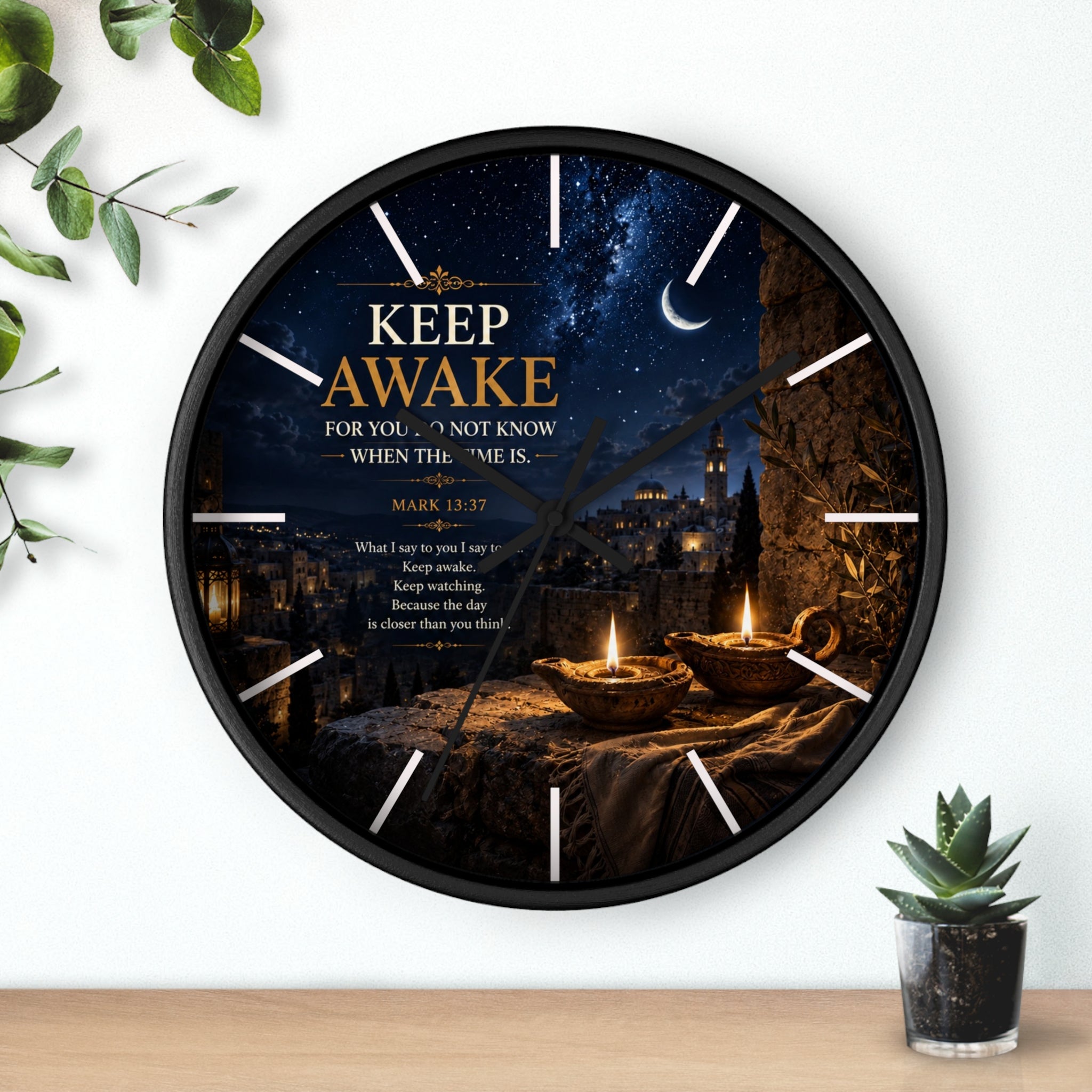 Keep Awake Wall Clock | Mark 13:37 Christian Nightscape Clock | Inspirational Faith Decor
