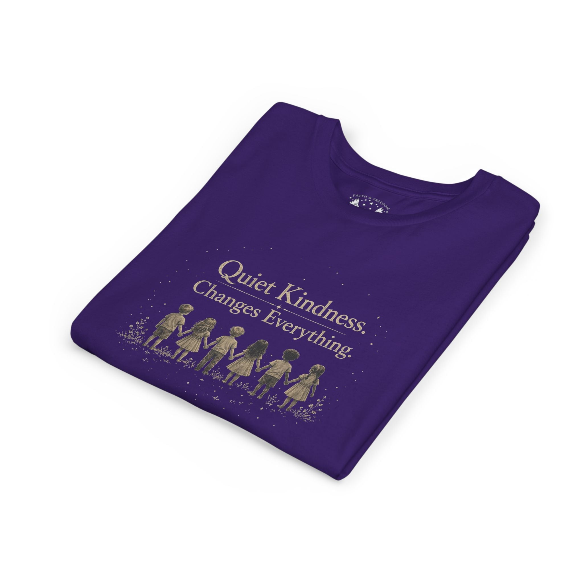 Youth “Quiet Kindness Changes Everything” Tee – Kids Inspirational T-Shirt with Earth & Friends Graphic