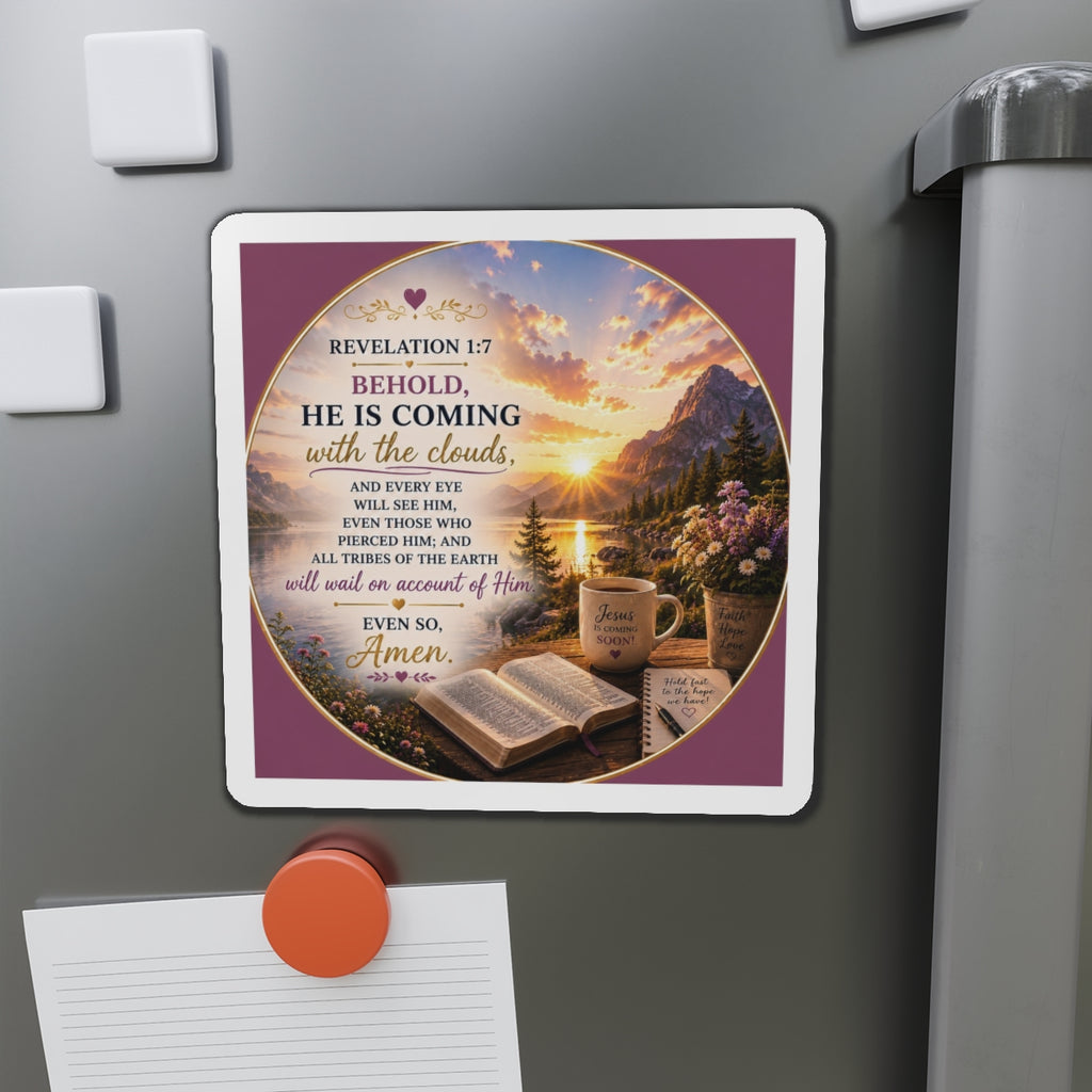 Fridge magnet with a scenic design featuring a sunset, mountains, and a cup of coffee on a gray refrigerator.