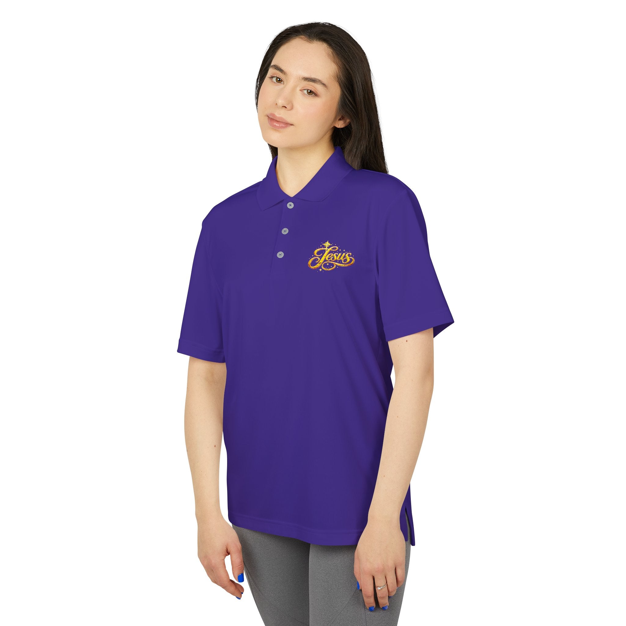 'Jesus' Script Embroidered Polo — Gold Faith Golf Shirt