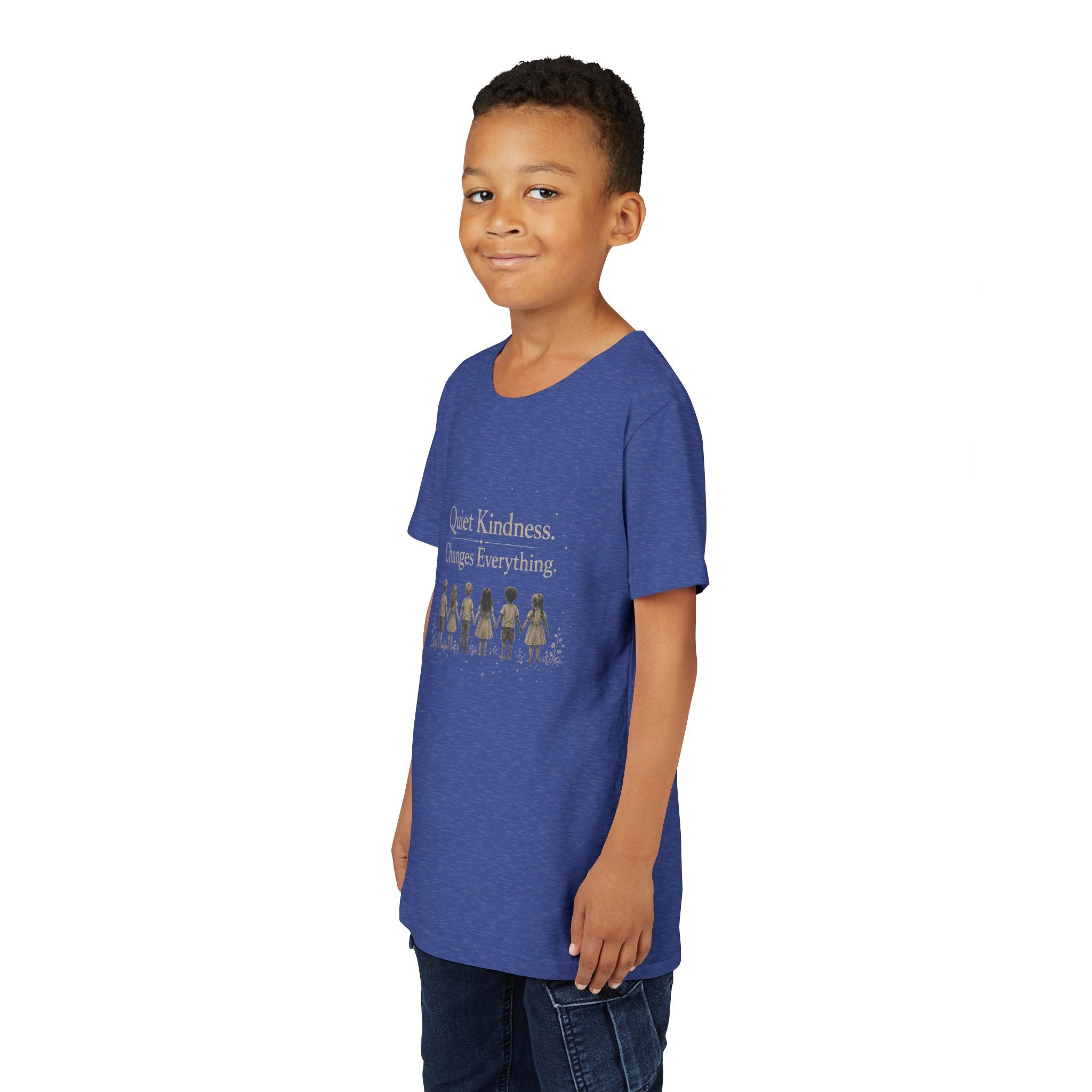 Youth “Quiet Kindness Changes Everything” Tee – Kids Inspirational T-Shirt with Earth & Friends Graphic