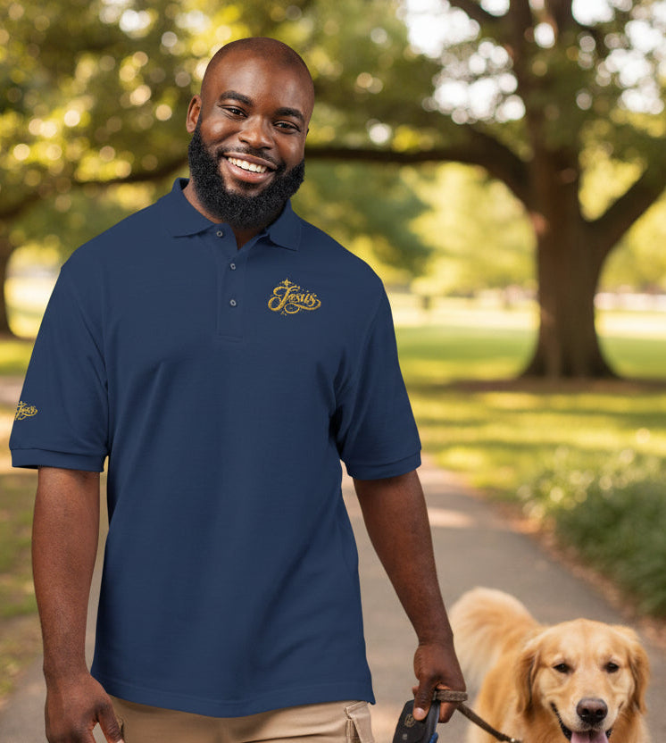 Jesus Gold Fleur Embroidered Polo – Christian Faith Collared Shirt | Elegant Unisex Church Polo