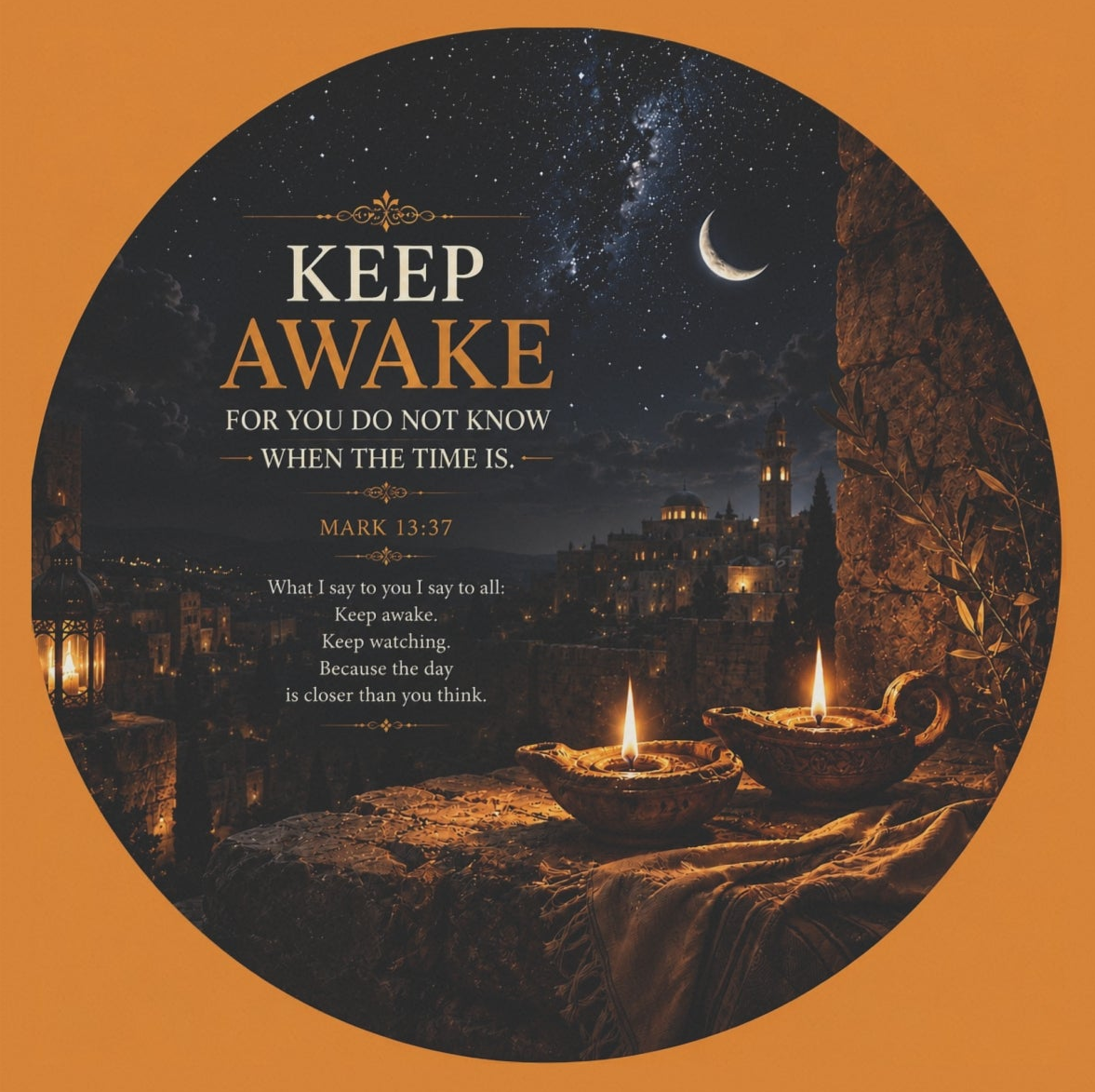 Inspirational garden flag featuring candlelight, a crescent moon, and a glowing stone pathway with the phrase “KEEP AWAKE” in warm golden tones against deep indigo skies.