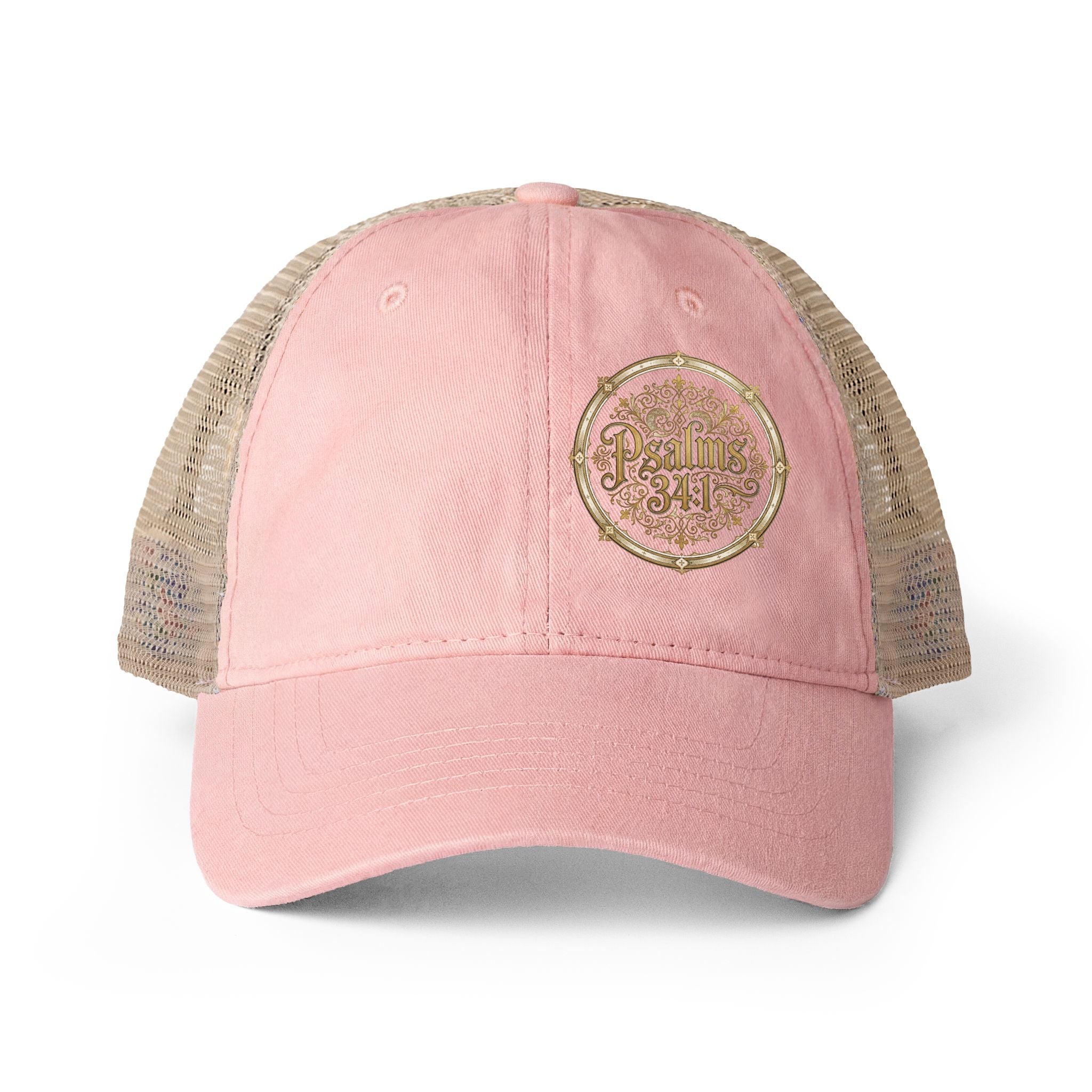 Women’s Washed Mesh-Back Cap – Psalm 34:1 Vintage Ponytail Hat | Faith & Freedom Creations
