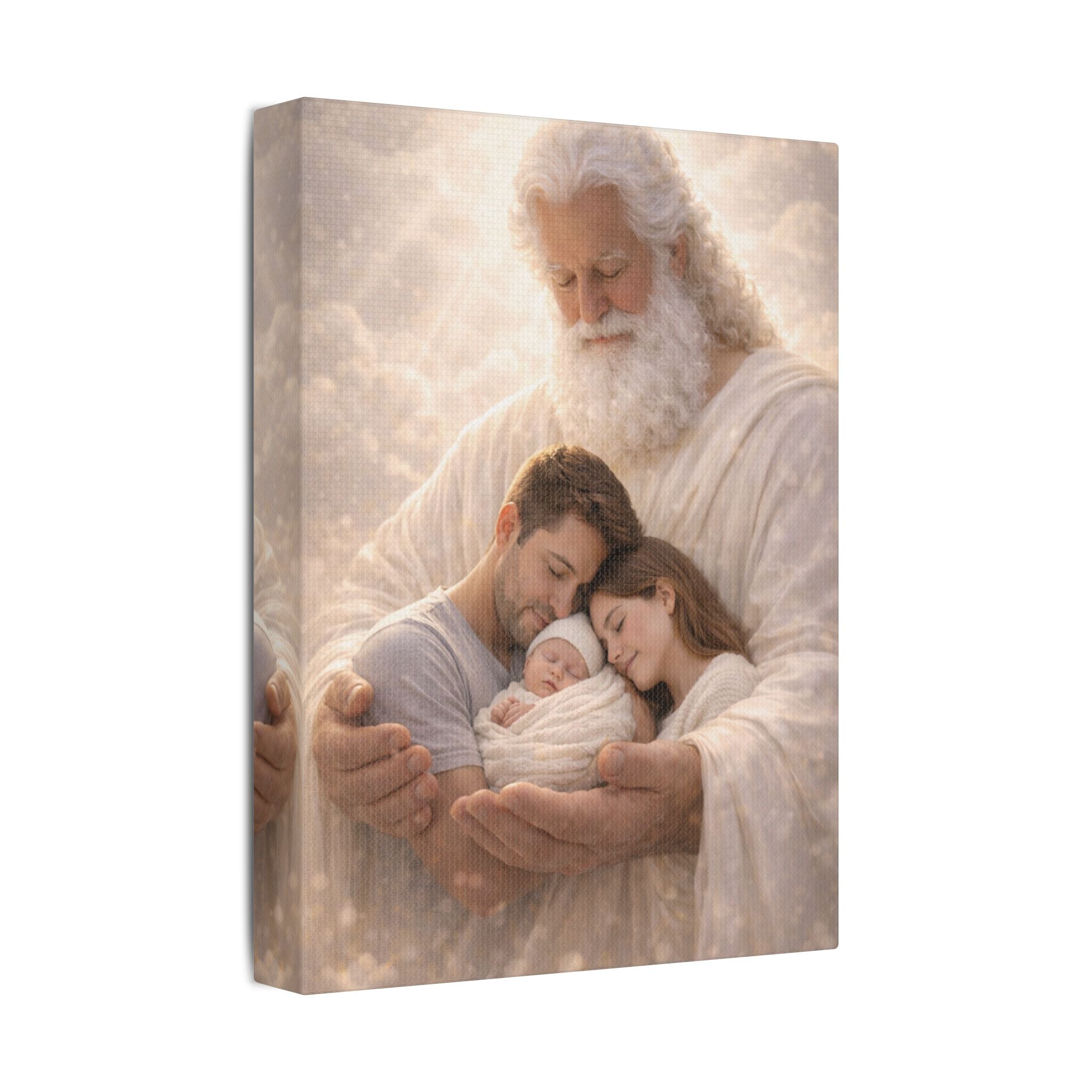 Safely in His Hands Canvas — Family Sleeping in God's Embrace | Christian Family Wall Art