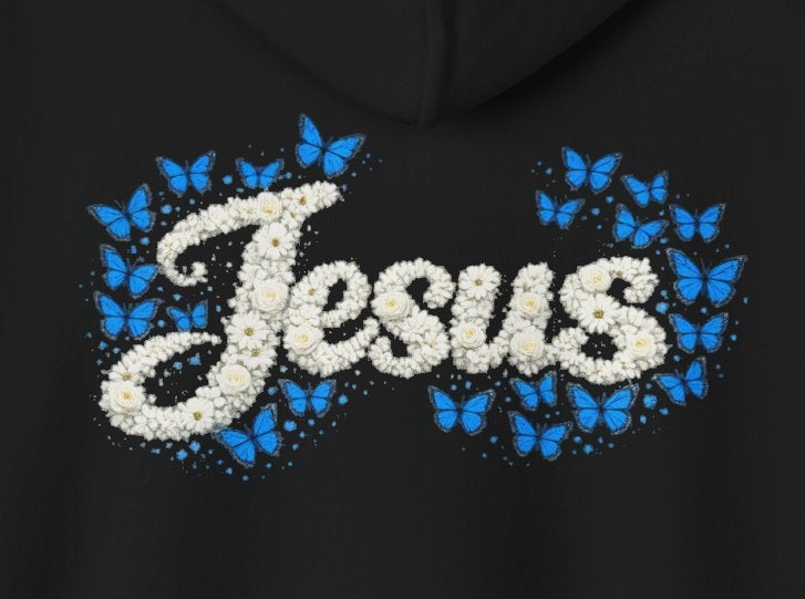 Butterfly Blossoms Hoodie – “Jesus” Floral Script Christian Pullover | Faith & Butterfly Hoodie