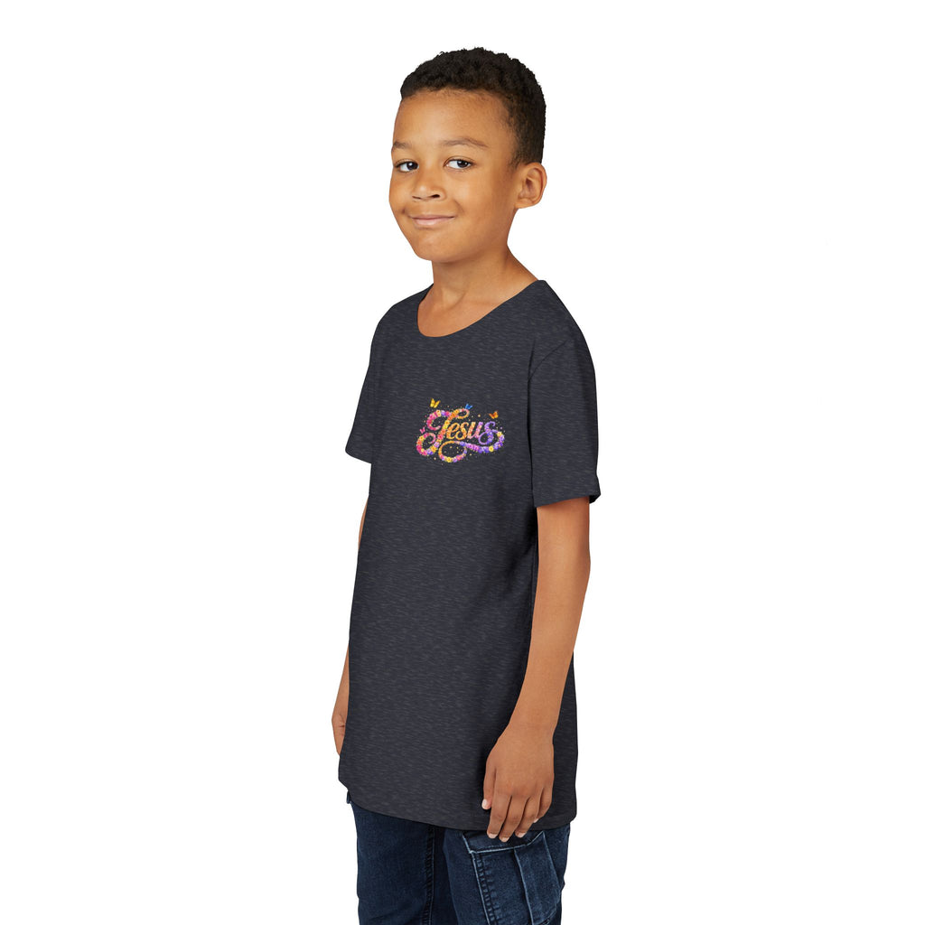 Youth Jesus Floral Script T-Shirt – Butterfly Christian Kids Tee | Faith Youth Shirt