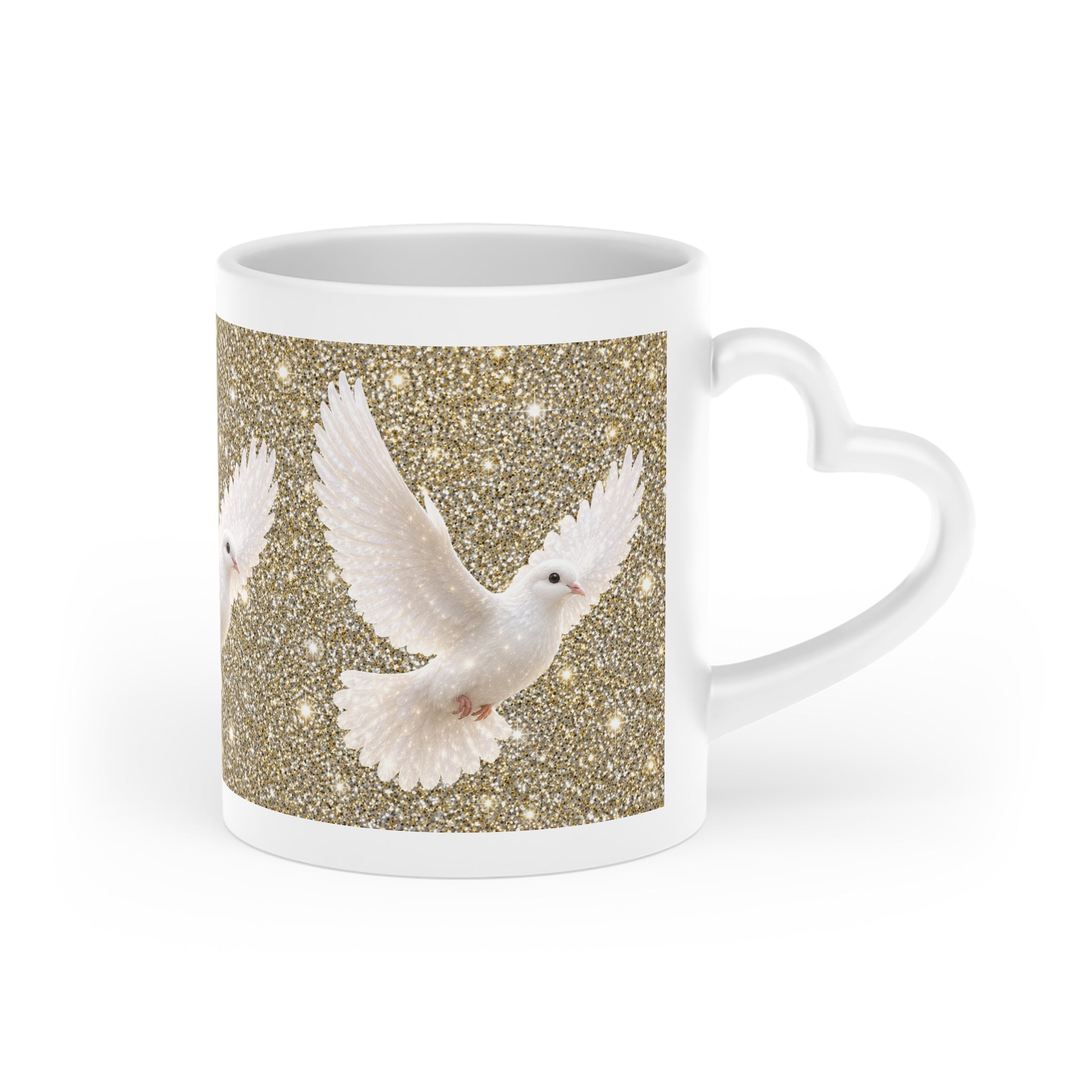White ceramic heart-shaped handle mug featuring elegant white doves flying across a sparkling gold background with vibrant wraparound artwork.
