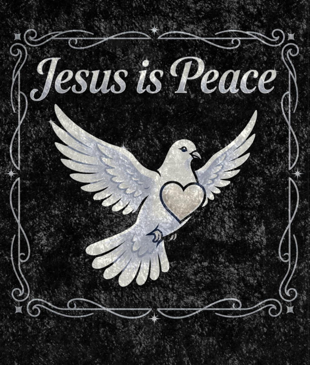 Charcoal crushed velvet blanket featuring a white dove carrying a heart with the words "Jesus Is Peace" in elegant lettering.