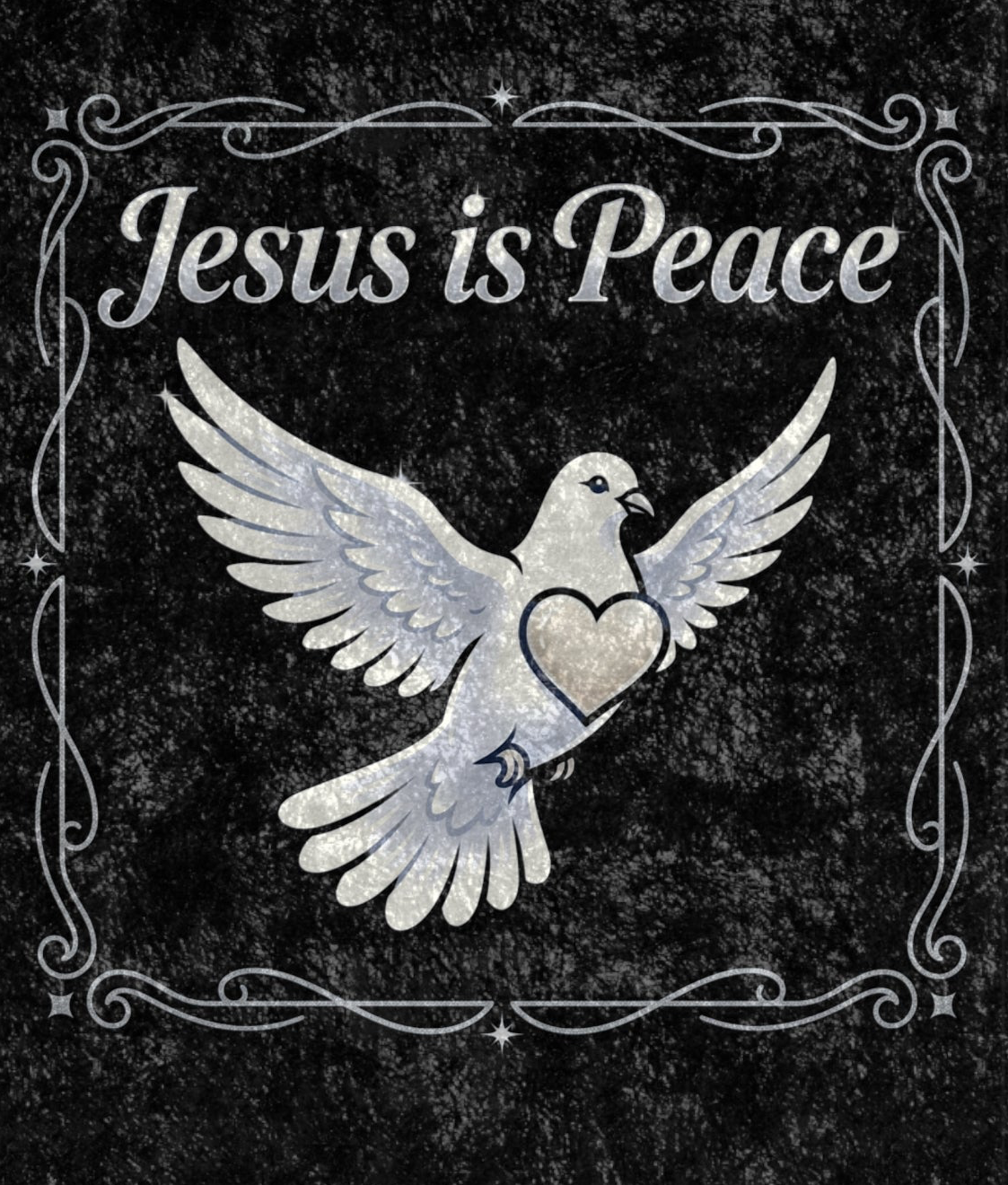 Charcoal crushed velvet blanket featuring a white dove carrying a heart with the words "Jesus Is Peace" in elegant lettering.