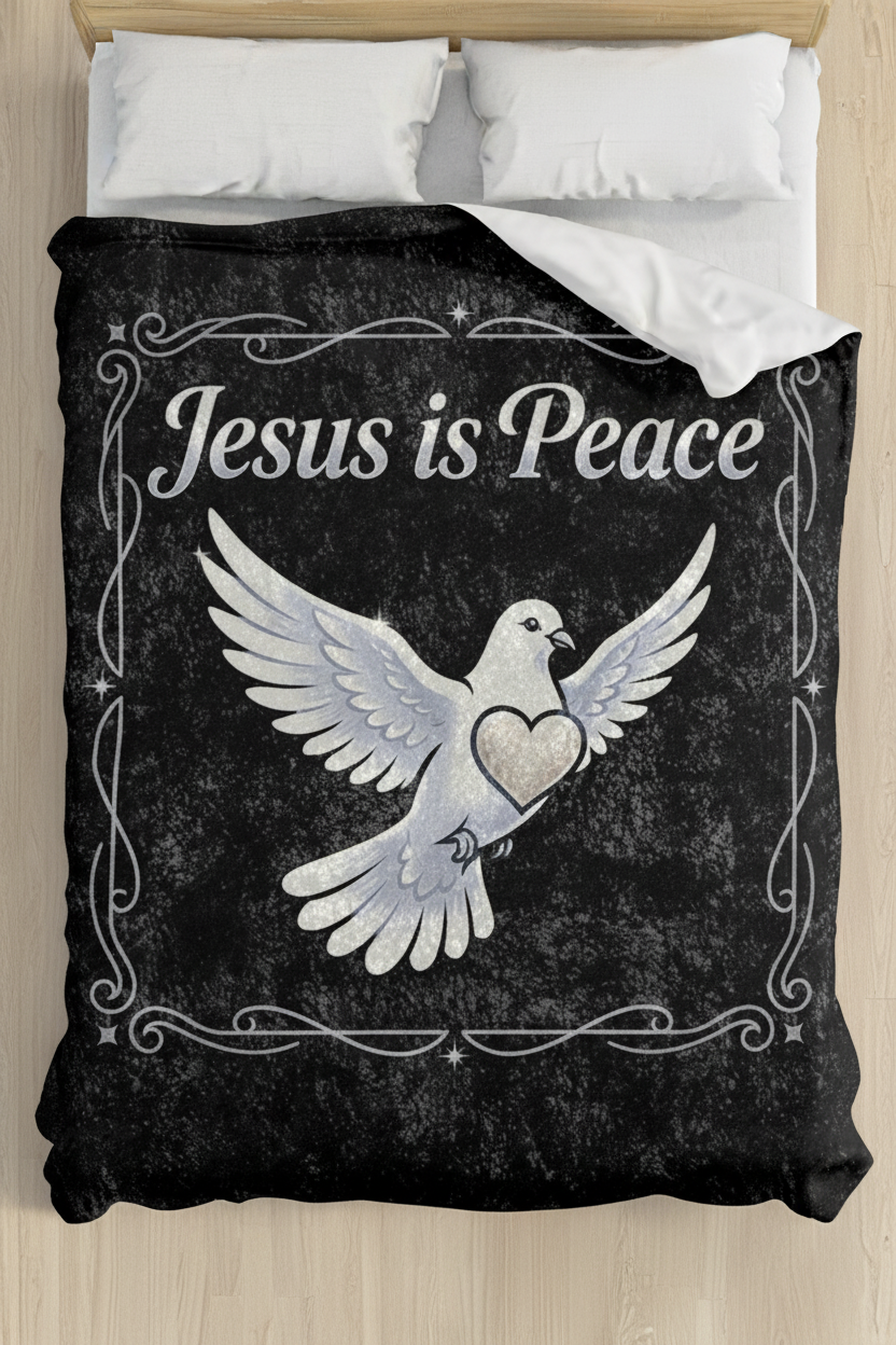 Charcoal crushed velvet blanket featuring a white dove carrying a heart with the words "Jesus Is Peace" in elegant lettering.