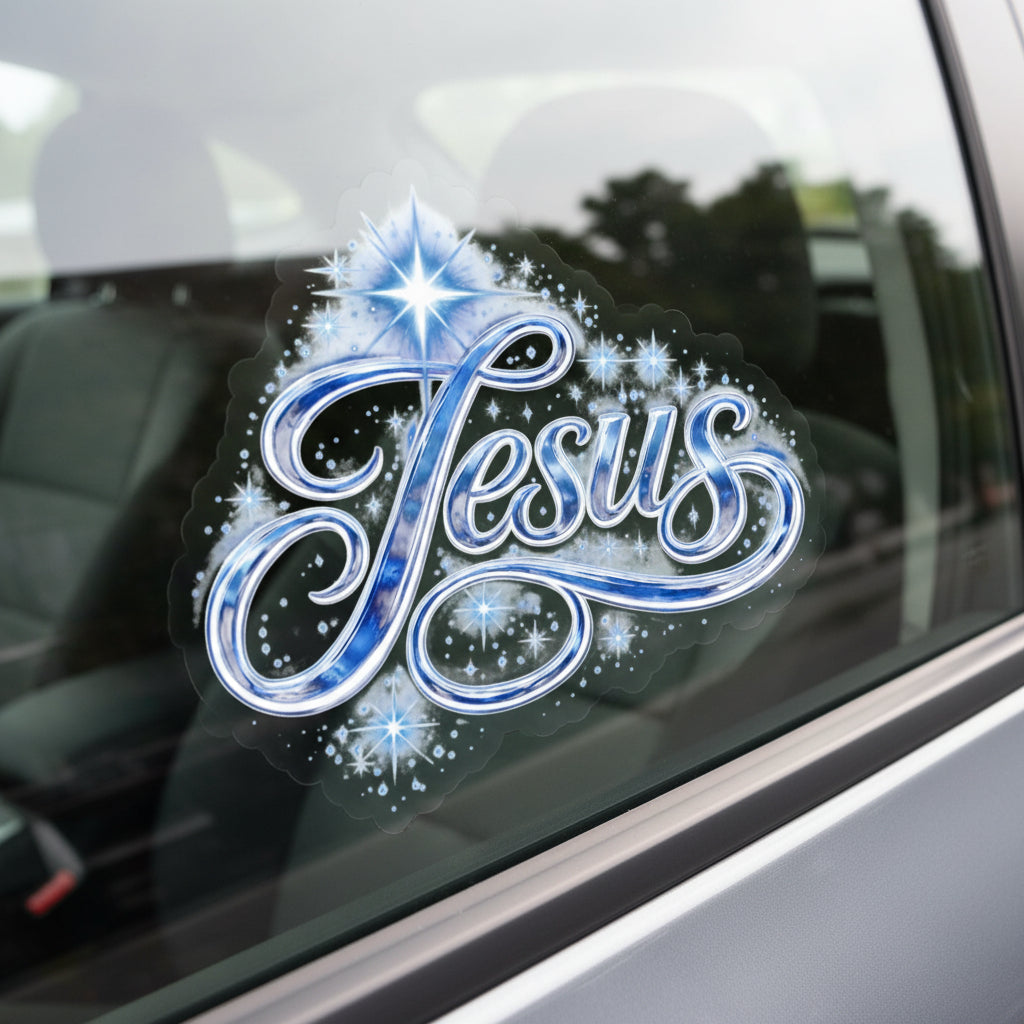 Jesus Script Kiss-Cut Sticker – Sparkling Christian Faith Decal | Inspirational Laptop Sticker