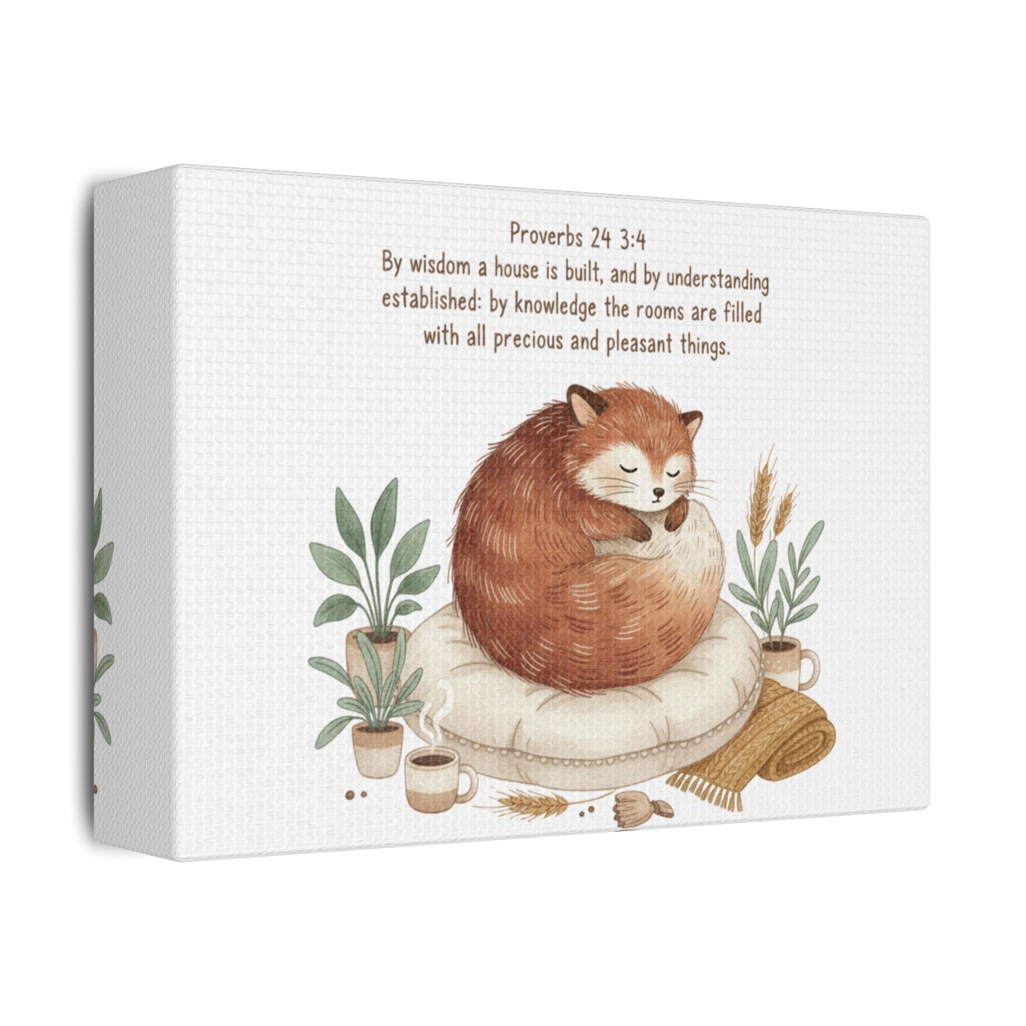 Cozy Fox Canvas Wall Art - Proverbs 24:3-4 Scripture Print