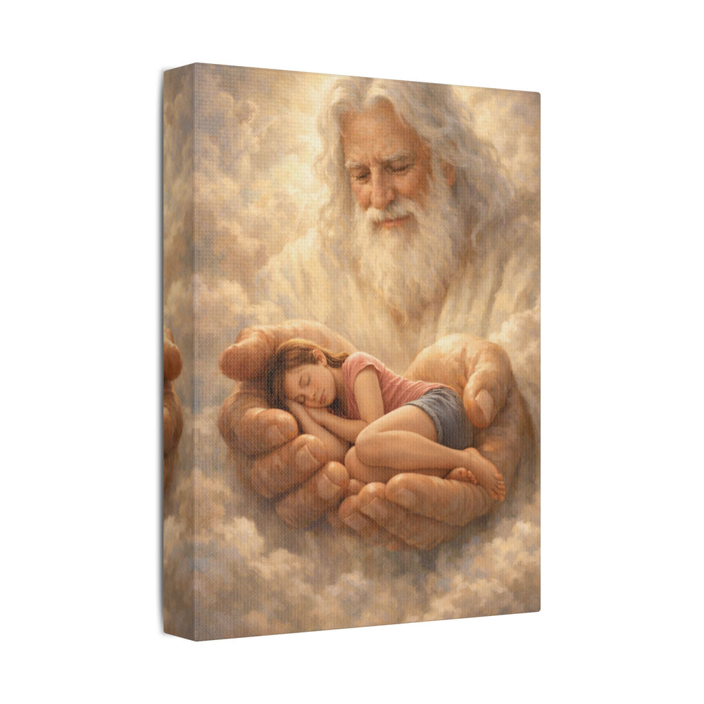 Safely in His Hands Canvas — Teen Girl Sleeping in God's Embrace | Christian Faith Wall Art