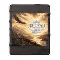 Inspirational Christian sherpa fleece blanket featuring a soaring eagle, golden river landscape, and Psalm 27:14 scripture about hoping in Jehovah.