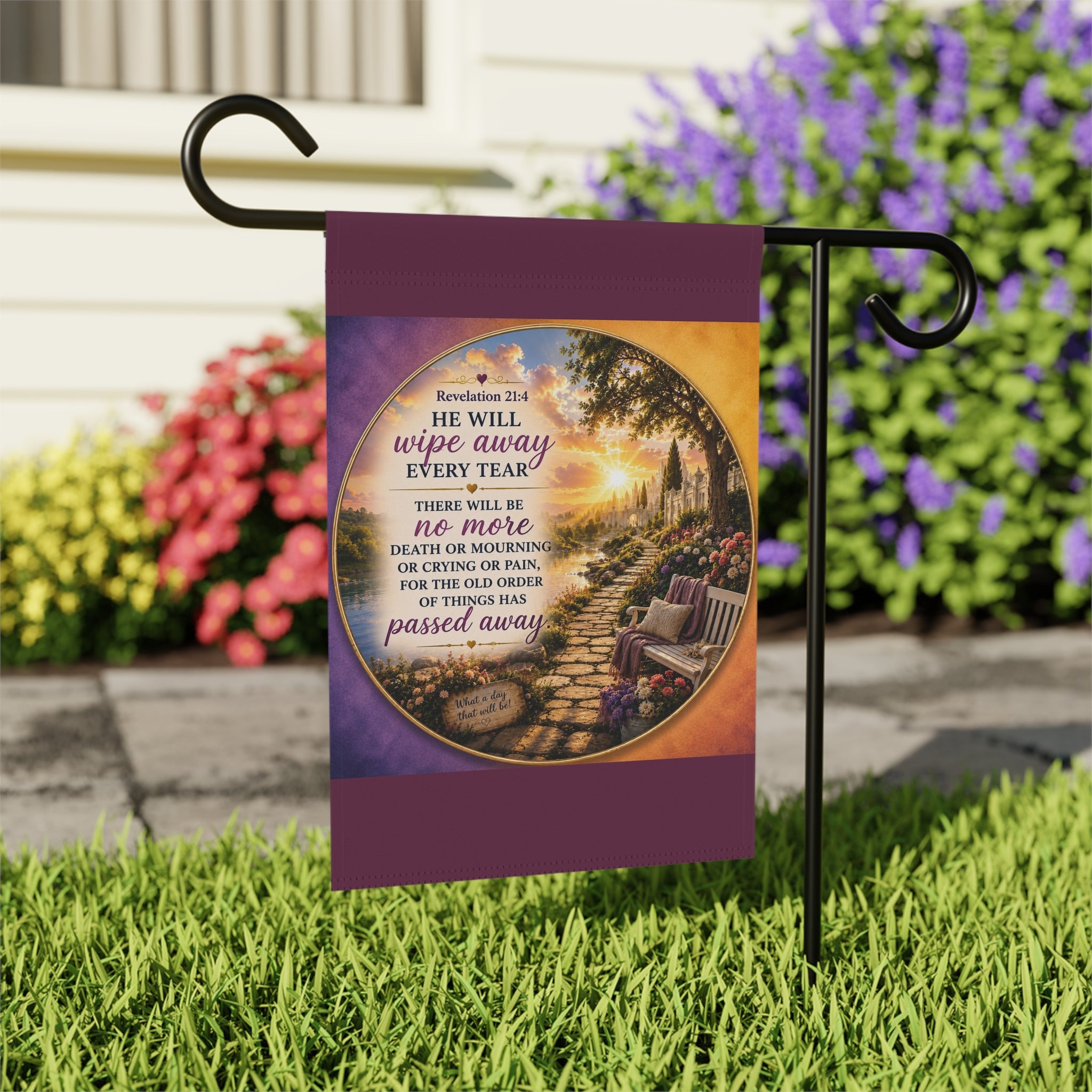 Inspirational Christian garden flag featuring a peaceful sunset garden path and bench with Revelation 21:4 scripture “He Will Wipe Away Every Tear” in warm glowing tones.