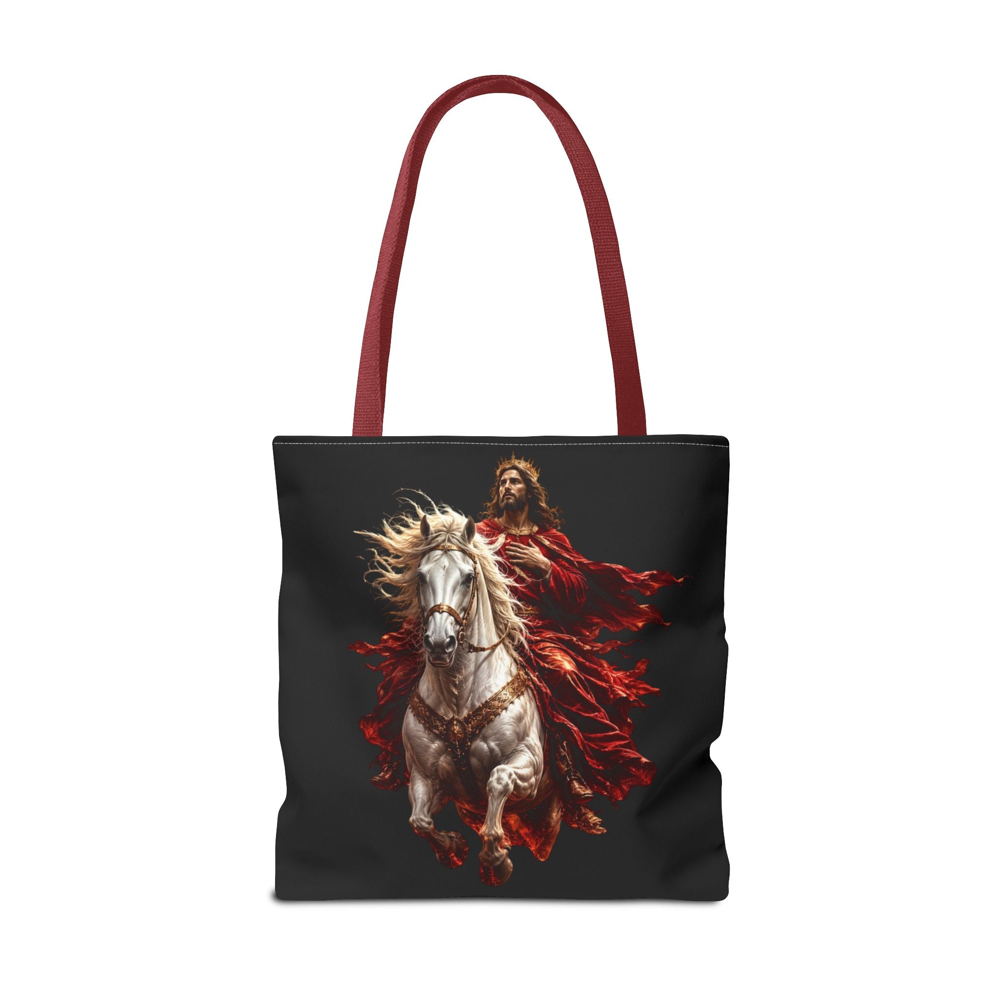 Christian all-over print tote bag featuring Jesus riding a white horse with Prince of Peace inspirational artwork and durable carryall design.