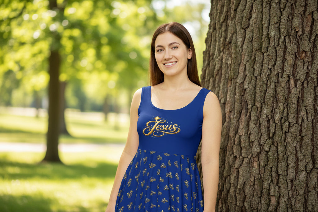 Women's Jesus Script Skater Dress – Blue & Gold Christian Faith Dress | Elegant Church & Event Wear