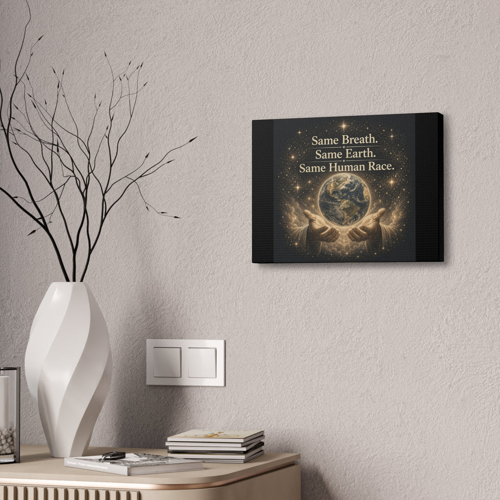 Inspirational canvas wall art featuring the earth held in gentle hands surrounded by glowing stars with the quote “Same Breath. Same Earth. Same Human Race.” in warm golden tones.