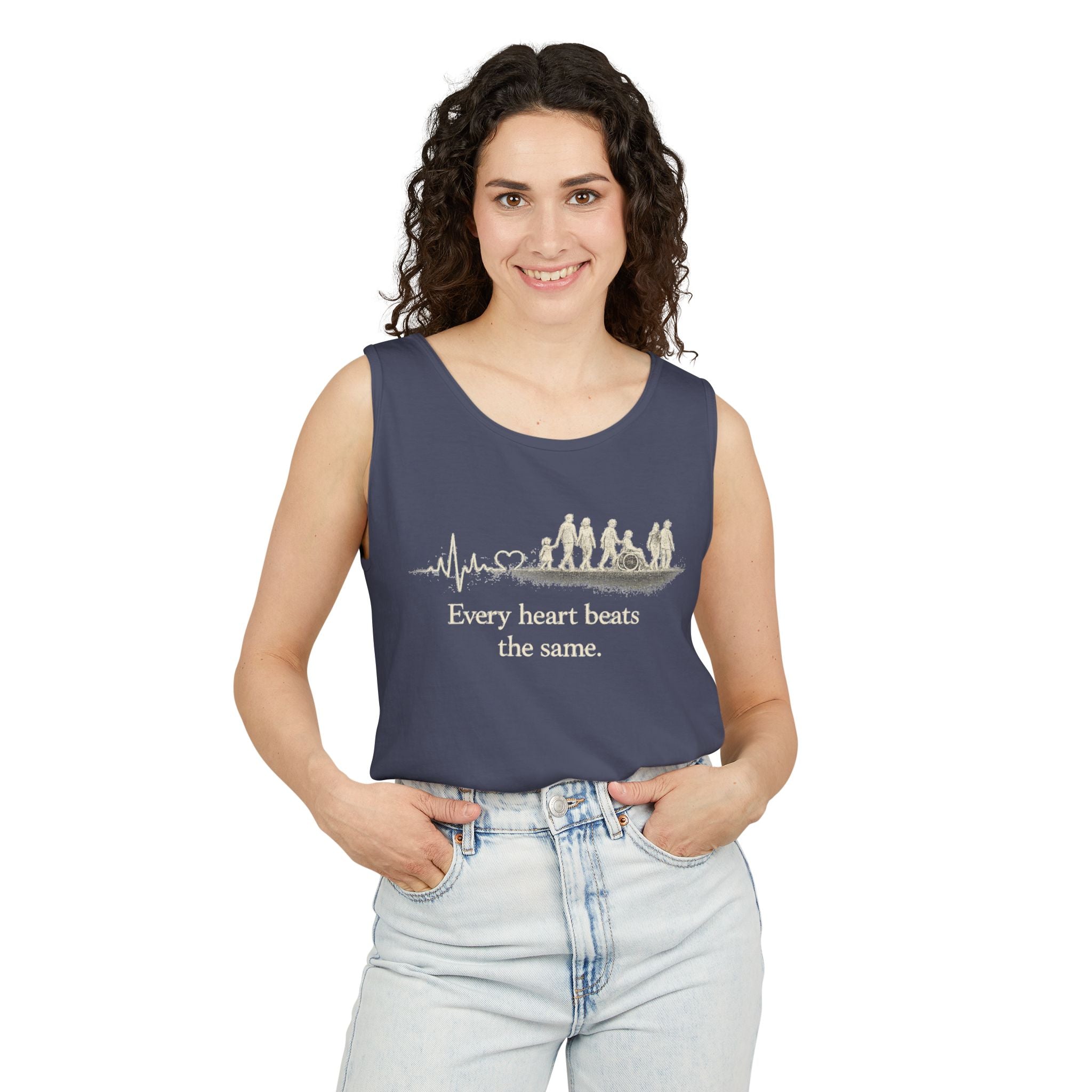 “Every Heart Beats the Same” Vintage Surf Tank Top – Garment-Dyed Coastal Unity Tank