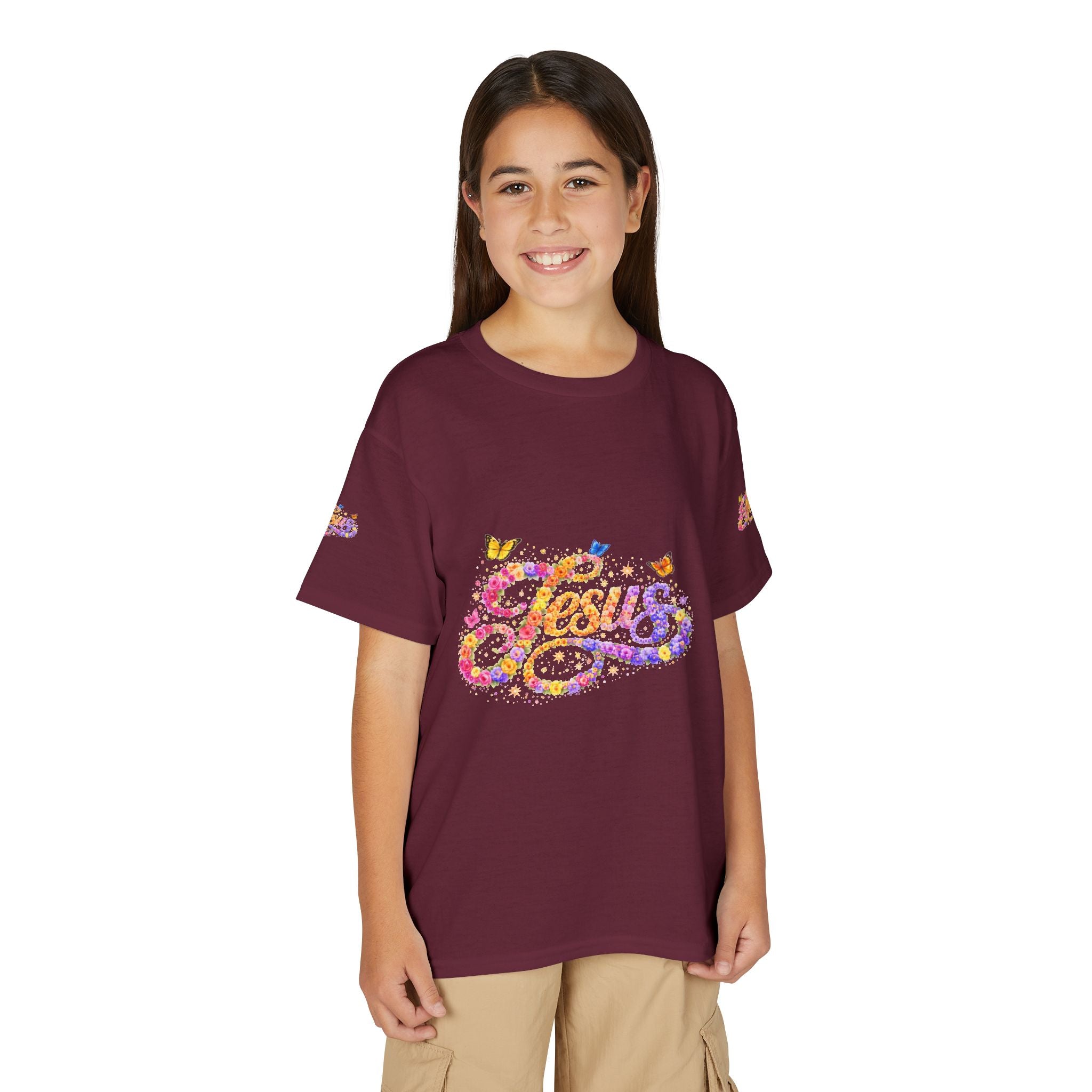 Youth Jesus Floral Butterfly T-Shirt – Christian Kids Faith Tee | Gratitude Sneaker Style Shirt