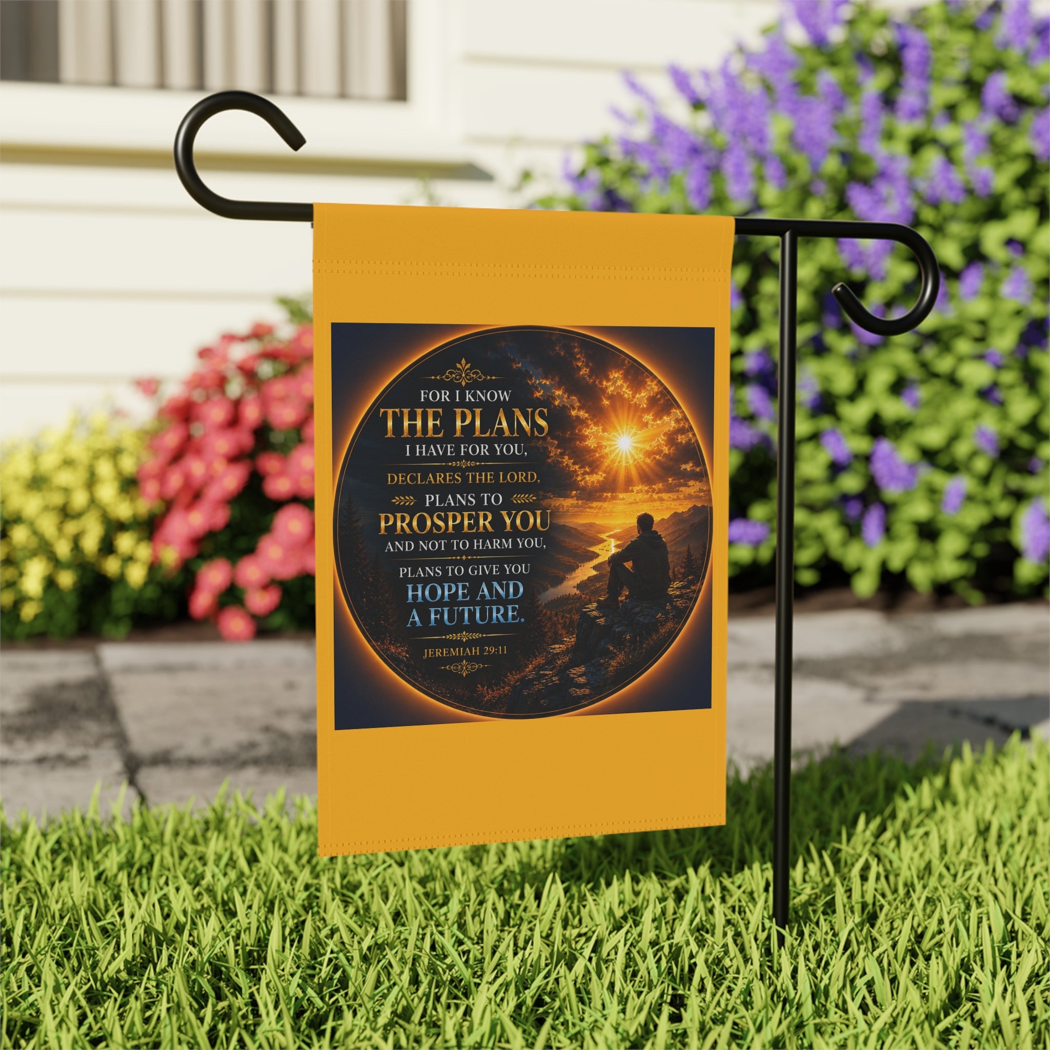 Inspirational Christian garden flag featuring a sunrise shoreline scene with the scripture “For I Know The Plans” in warm peaceful coastal-inspired artwork.