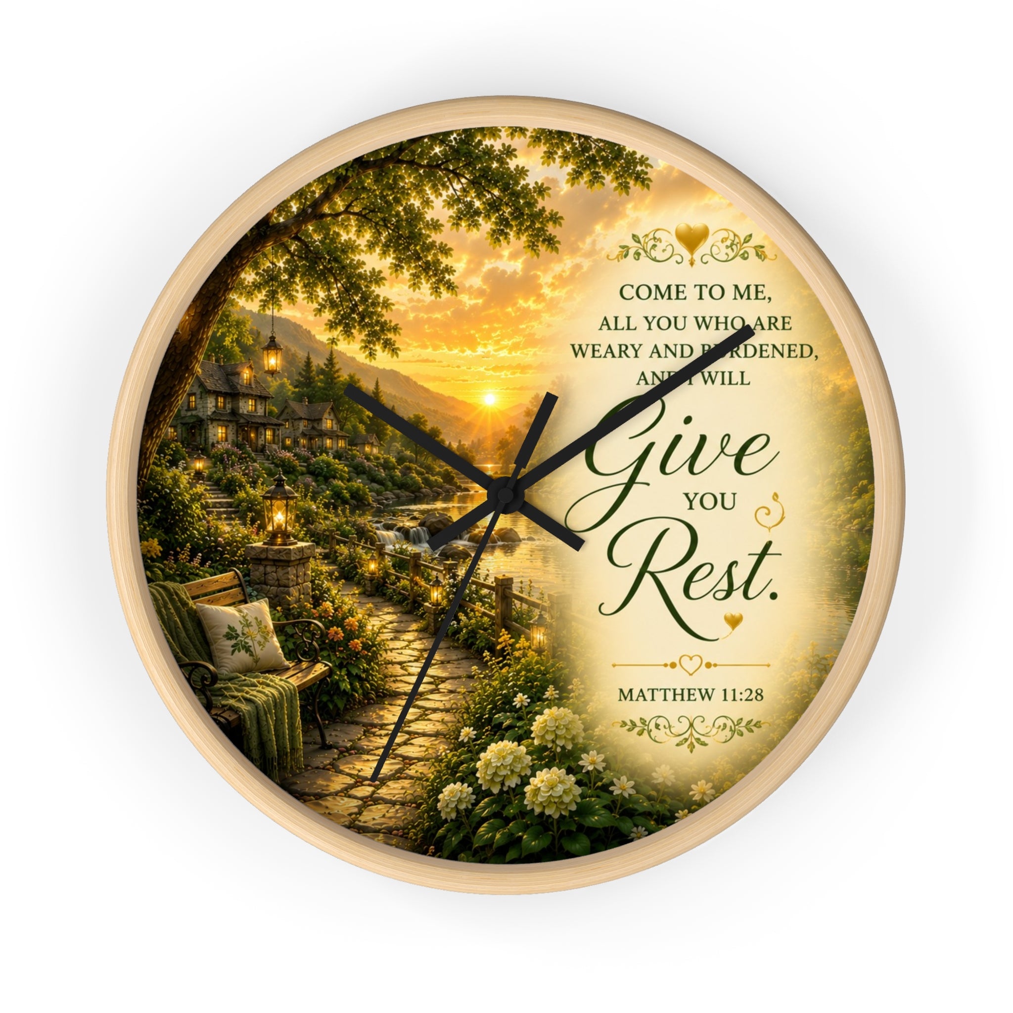 Inspirational Christian wall clock featuring a peaceful cottage garden path at sunset with Matthew 11:28 scripture inviting rest and peace.