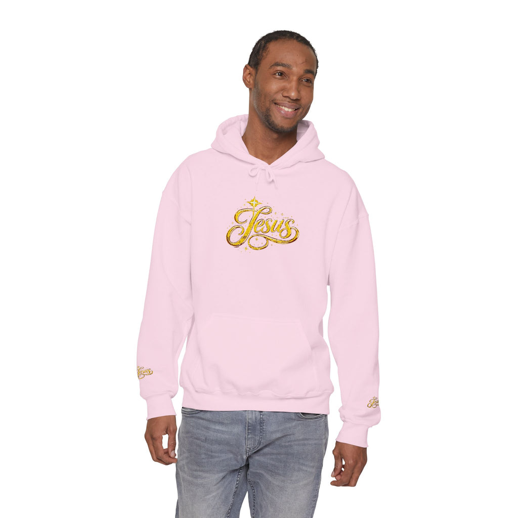 Jesus Gold Script Hoodie – Sparkle Christian Faith Pullover | Inspirational Hoodie