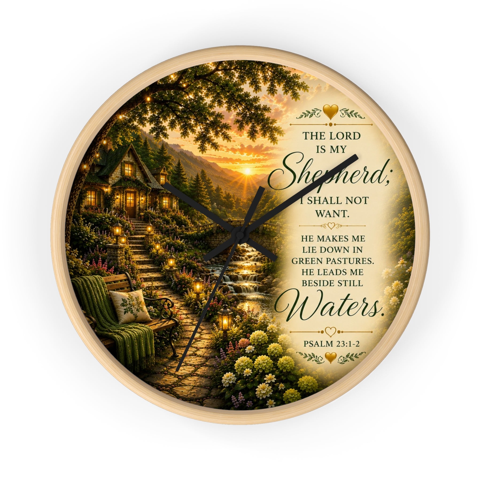 Inspirational Christian wall clock featuring a lantern-lit cottage pathway at sunset with Psalm 23 scripture about the Lord being my Shepherd.