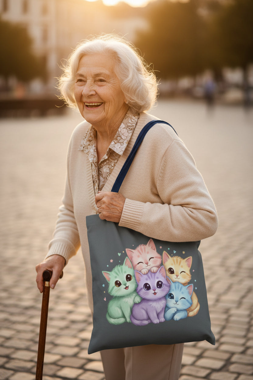 Pastel Rainbow Kittens Tote Bag – Cute Cat Lover Tote | Colorful Cat Market Bag