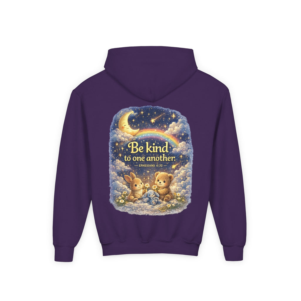 Youth “Be Kind to One Another” Hoodie – Cute Bunny Night Sky Scripture Sweatshirt
