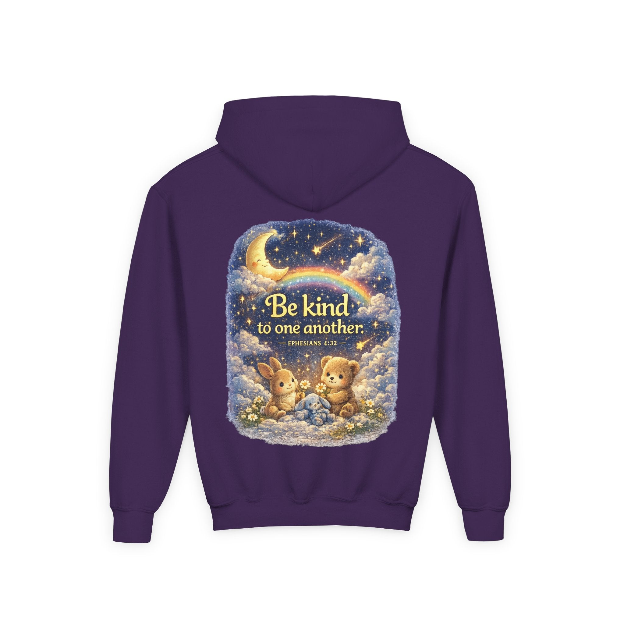 Youth “Be Kind to One Another” Hoodie – Cute Bunny Night Sky Scripture Sweatshirt