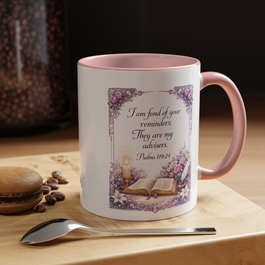Inspirational Christian ceramic accent coffee mug featuring Psalm 119:24, delicate floral artwork, and the message “I am fond of your reminders” with colorful handle and interior accents.