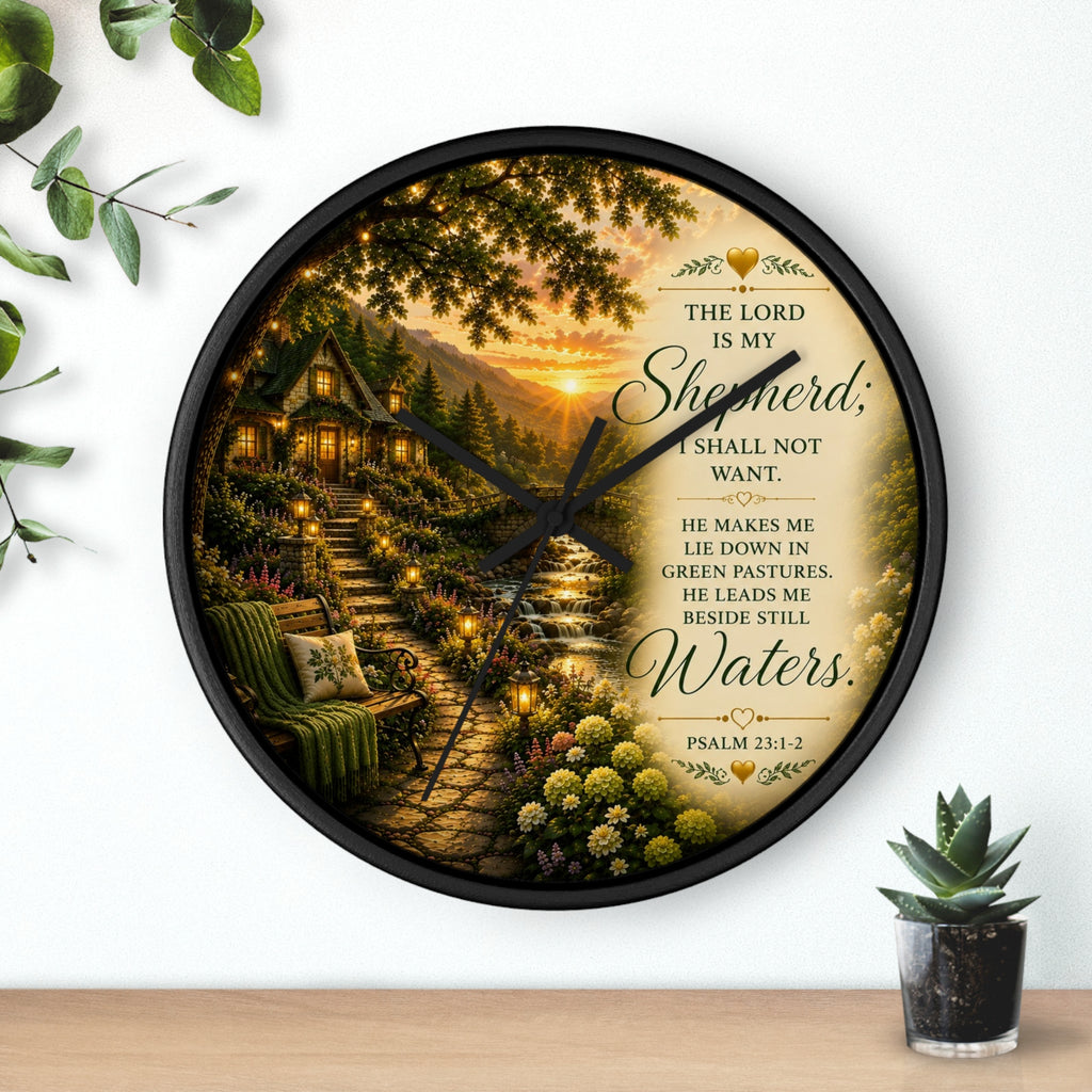 Inspirational Christian wall clock featuring a lantern-lit cottage pathway at sunset with Psalm 23 scripture about the Lord being my Shepherd.