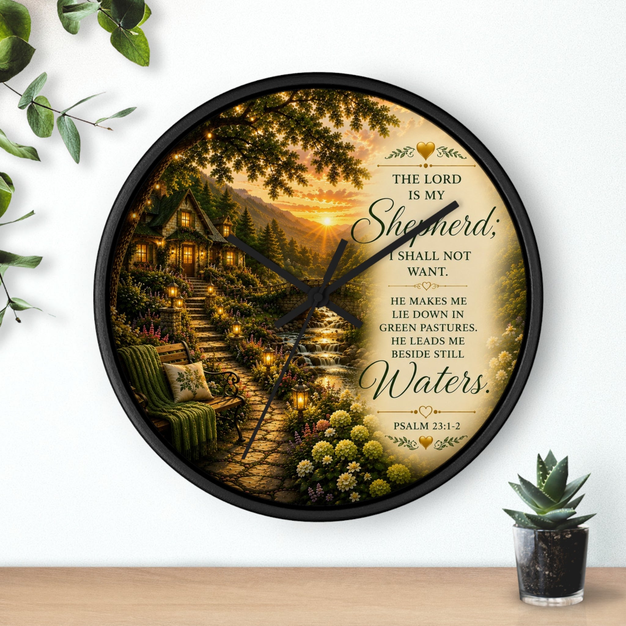 Inspirational Christian wall clock featuring a lantern-lit cottage pathway at sunset with Psalm 23 scripture about the Lord being my Shepherd.
